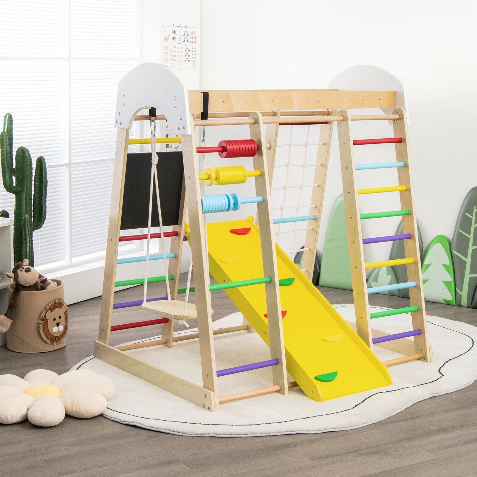 GBruno Indoor Playground Climbing Gym Wooden 8-in-1 Climber Playset for Children-Multicolor
