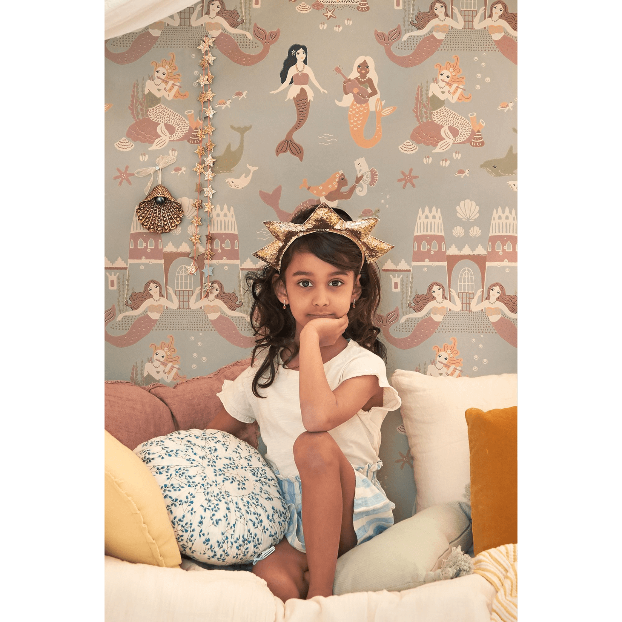 Majvillan Mermaid Reef Wallpaper 152-02 girl sitting in front of wallpaper