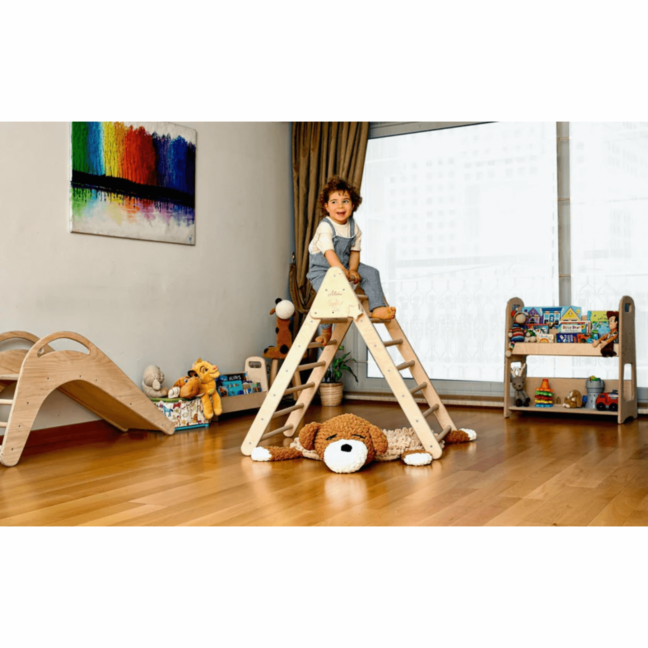 Kidodido Montessori Climbing Triangle with White & Gray Tent Cover, Mat, and Ramp child on ladder