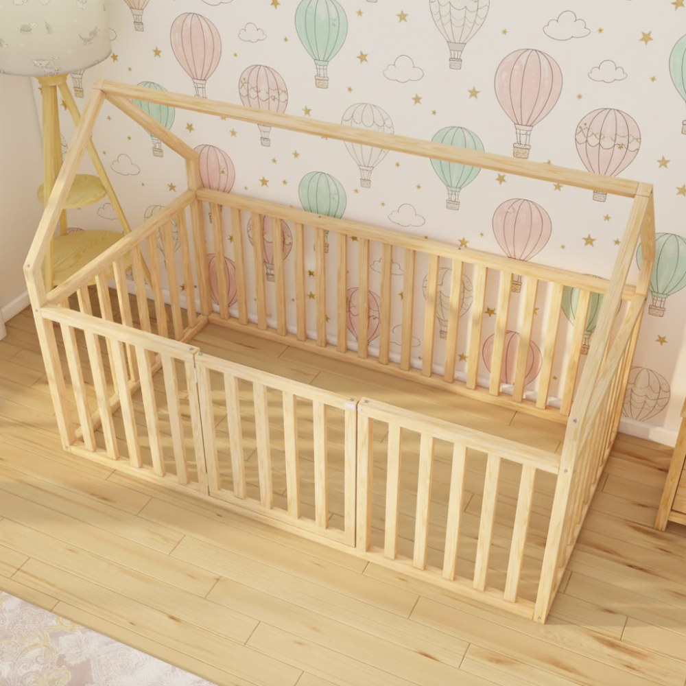 Nino - Montessori Playhouse Floor Bed with High Railings and Gate