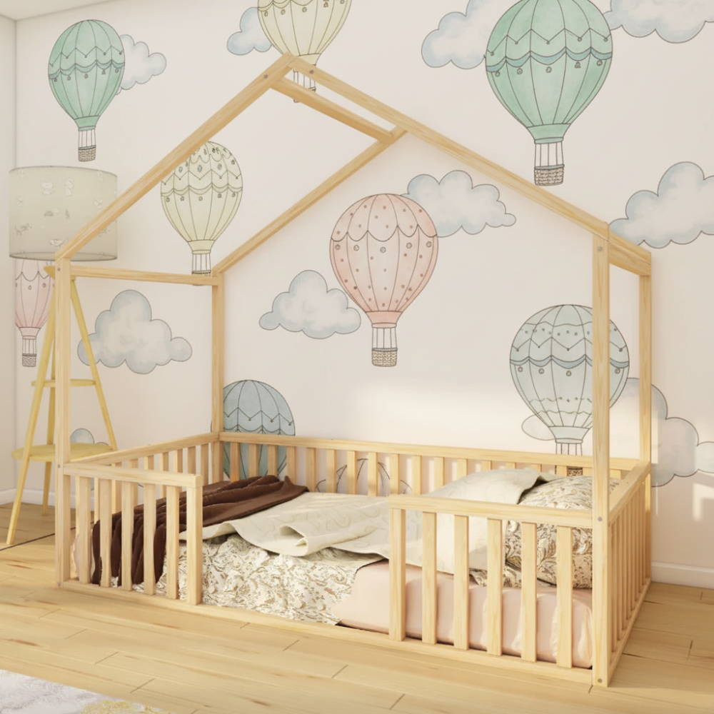 Lunari - Montessori Playhouse Floor Bed with Railings