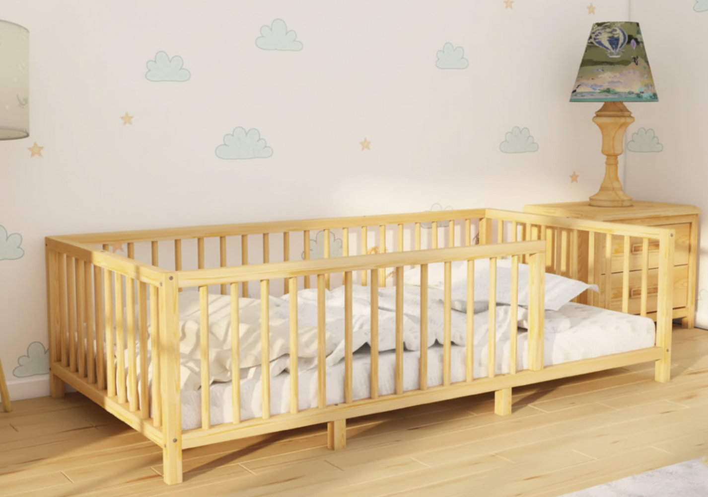 Nuvy - Montessori Playpen Low Bed with Cylindrical Railings