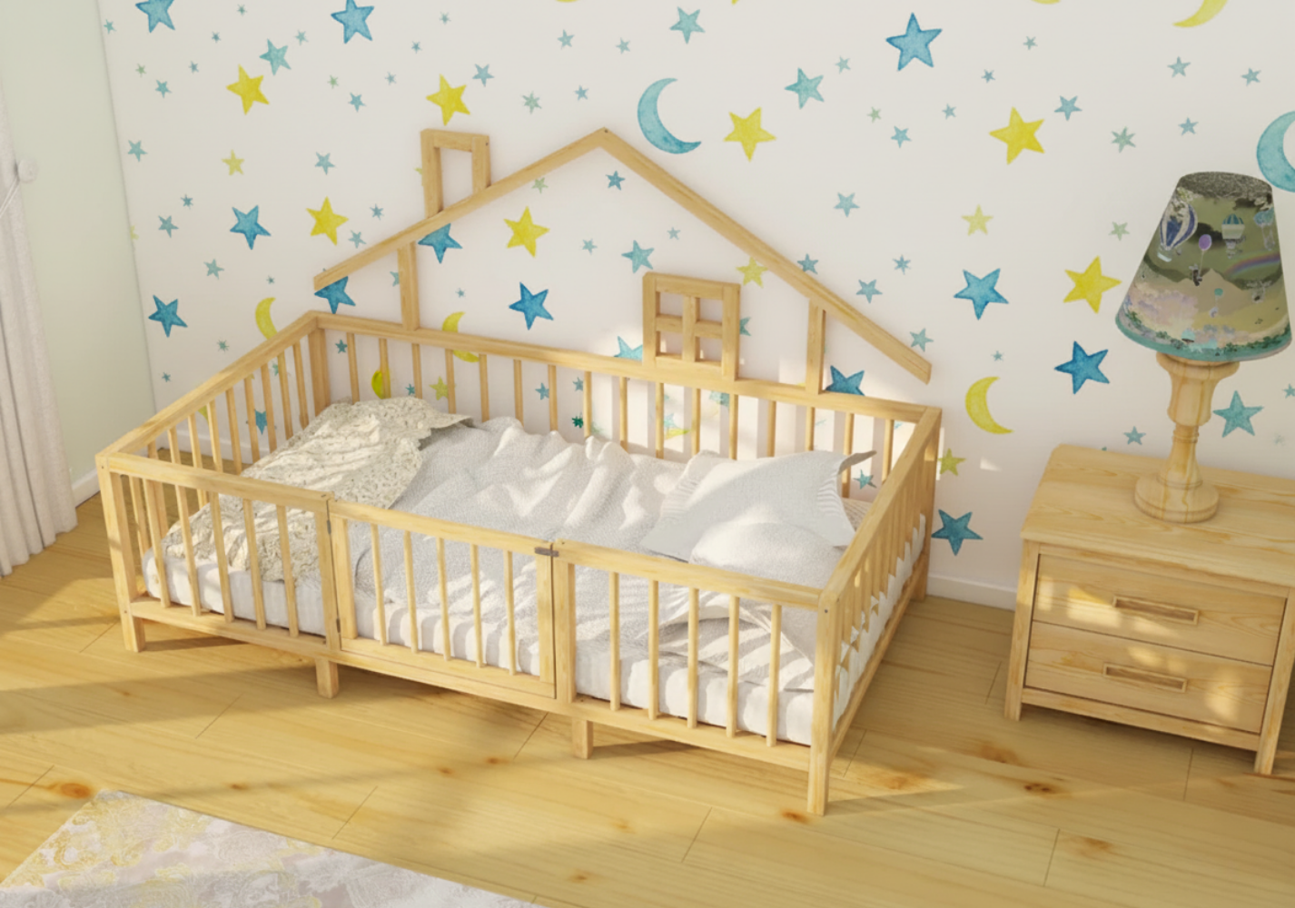 Nuno - Montessori Natural Wooden Kids Bed with Roof and Legs