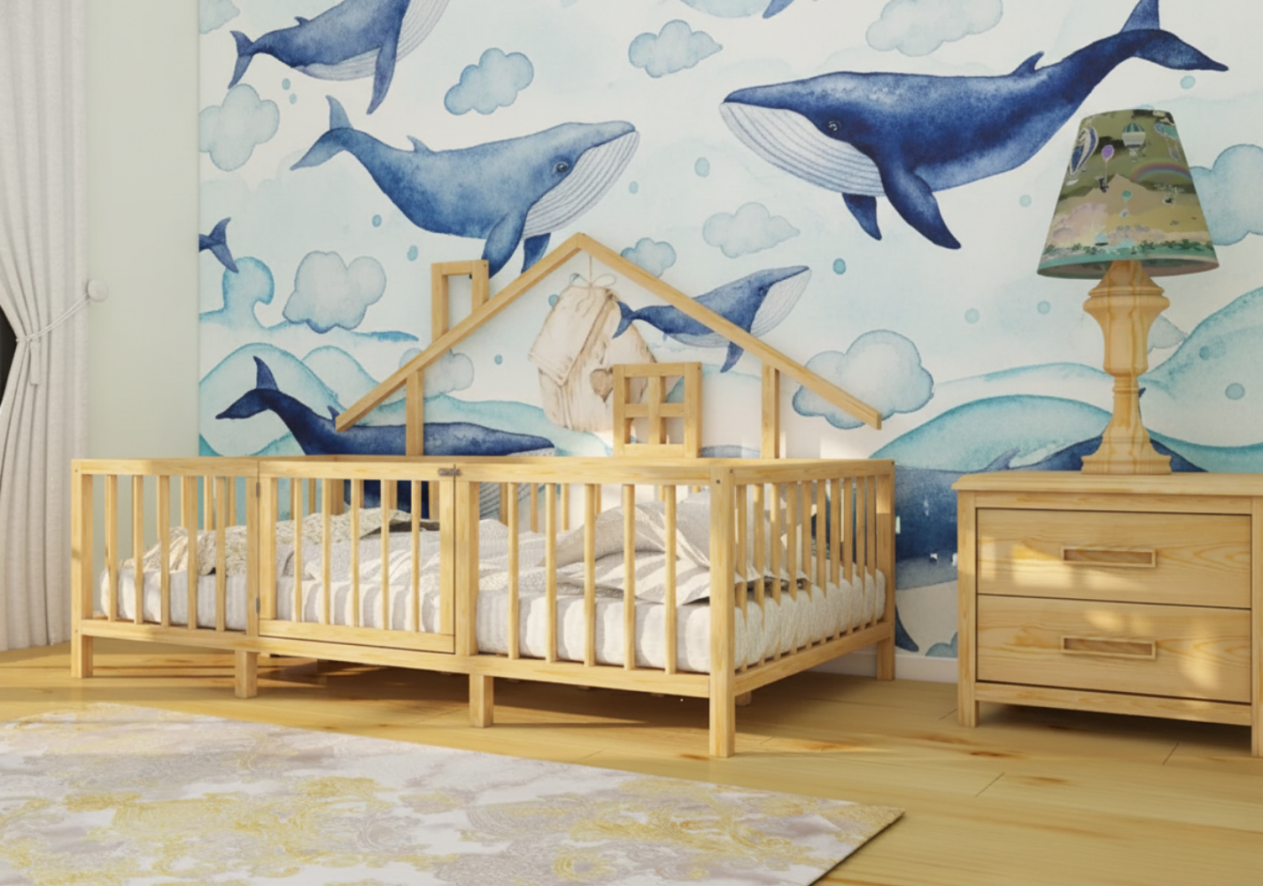 Nuno - Montessori Natural Wooden Kids Bed with Roof and Legs