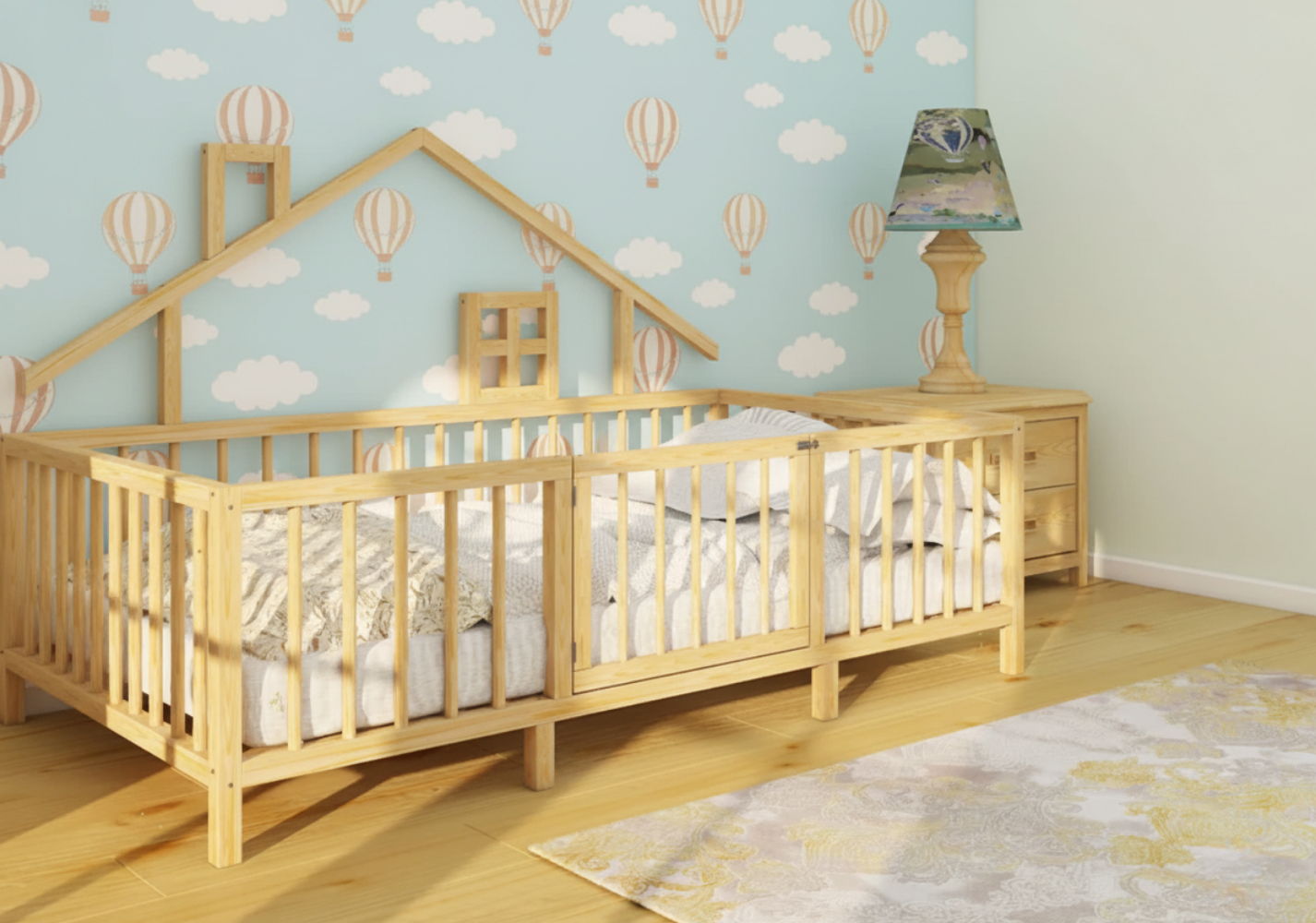 Nuno - Montessori Natural Wooden Kids Bed with Roof and Legs