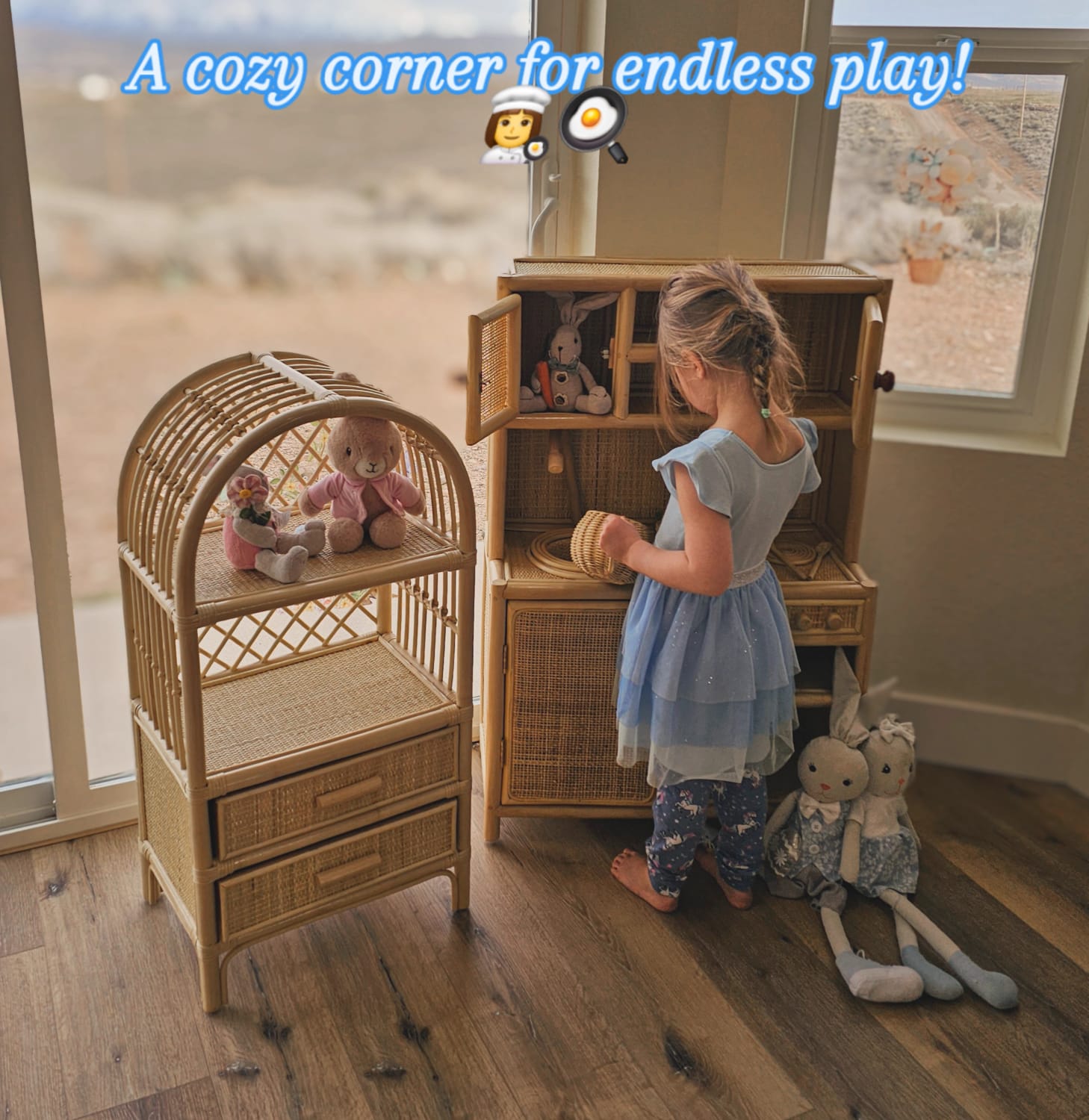 Lullaby Rattan Montessori-Style Rattan Play Kitchen | Natural Pretend Play Station with Storage