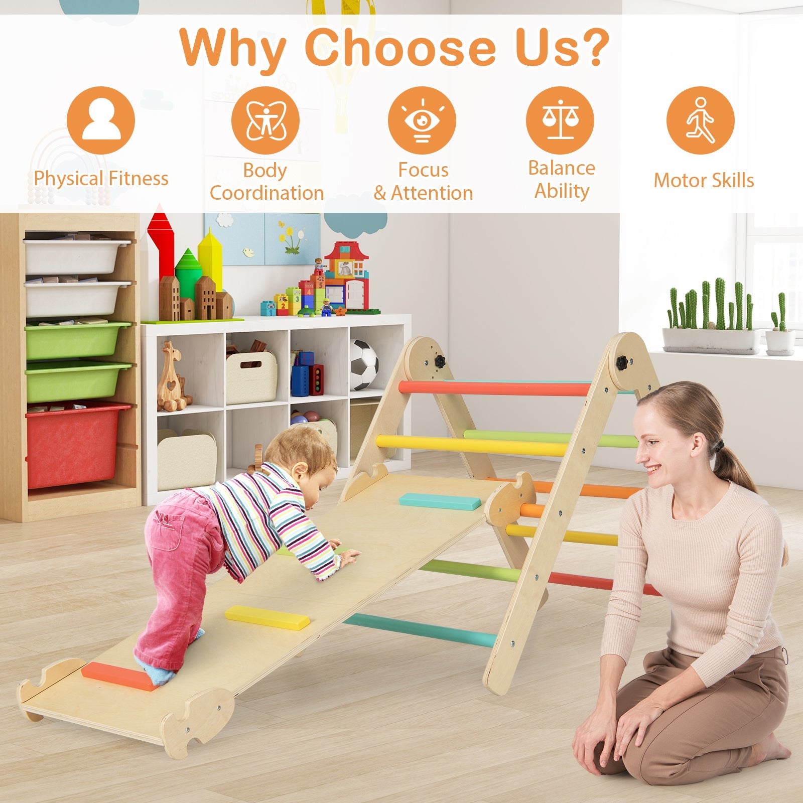 GBruno 7-in-1 Indoor Climbing Toys for Toddlers with Reversible Ramp-Multicolor