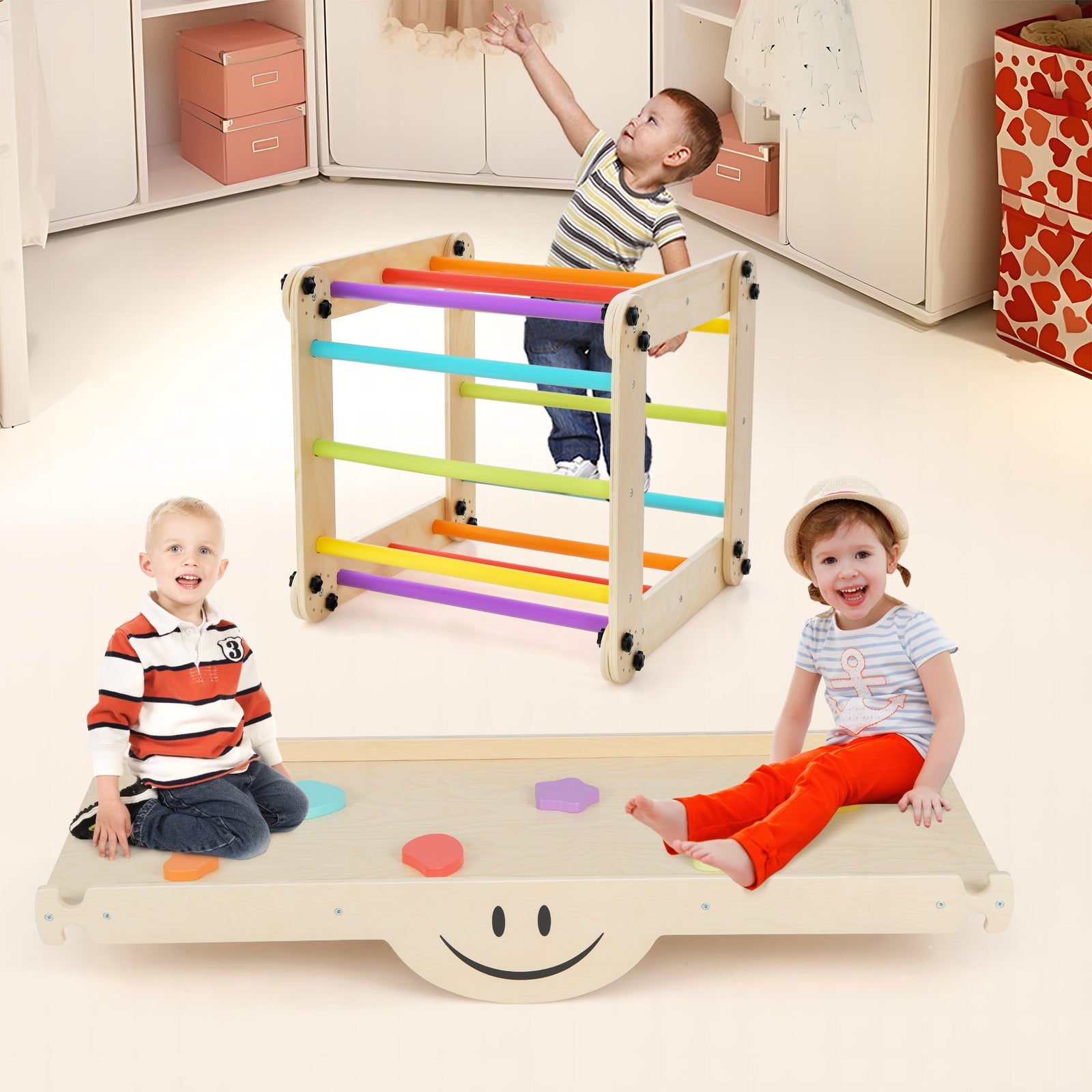 GBruno Climbing Triangle Ladder Toy Indoor Jungle Gym with Reversible Ramp-Multicolor