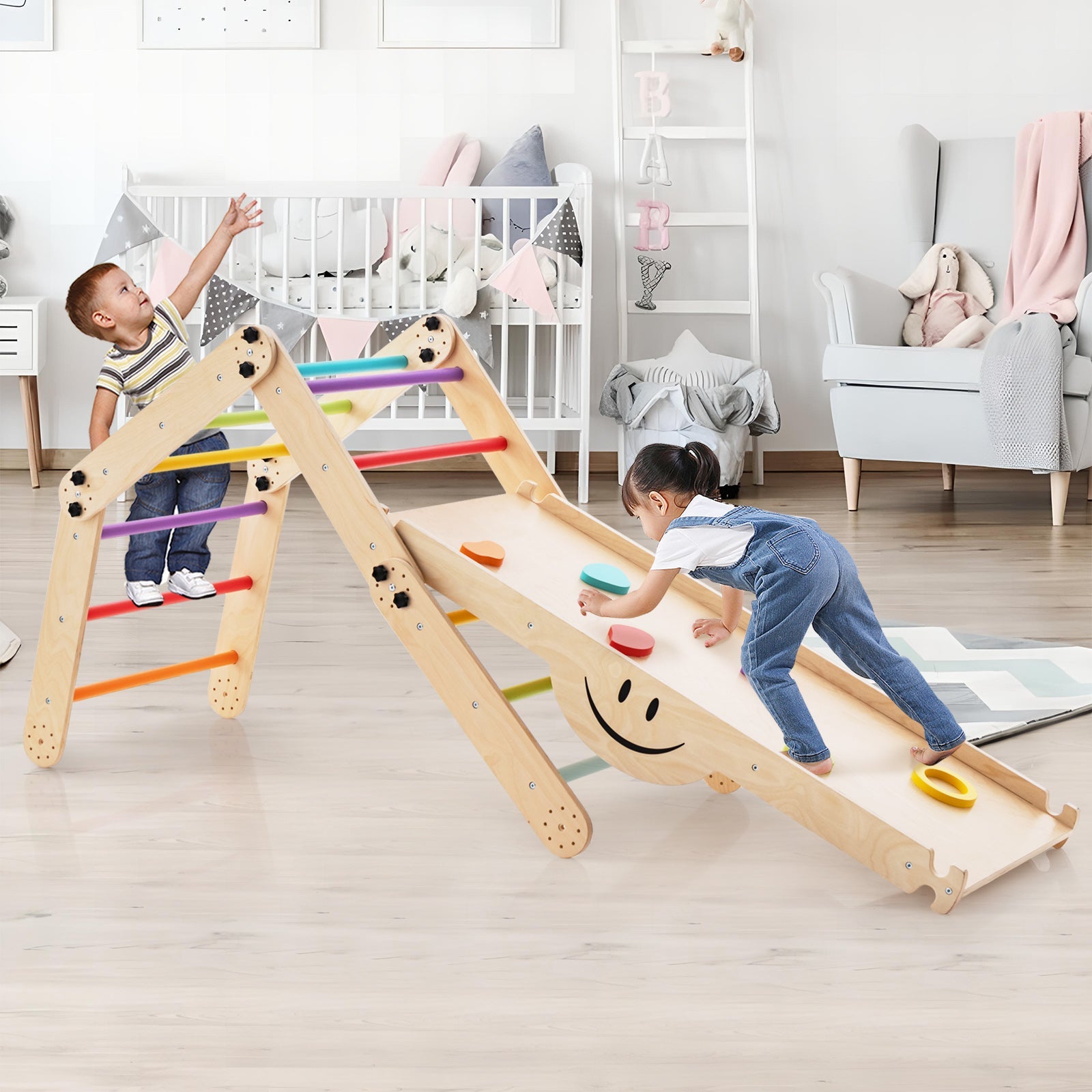 GBruno Climbing Triangle Ladder Toy Indoor Jungle Gym with Reversible Ramp-Multicolor