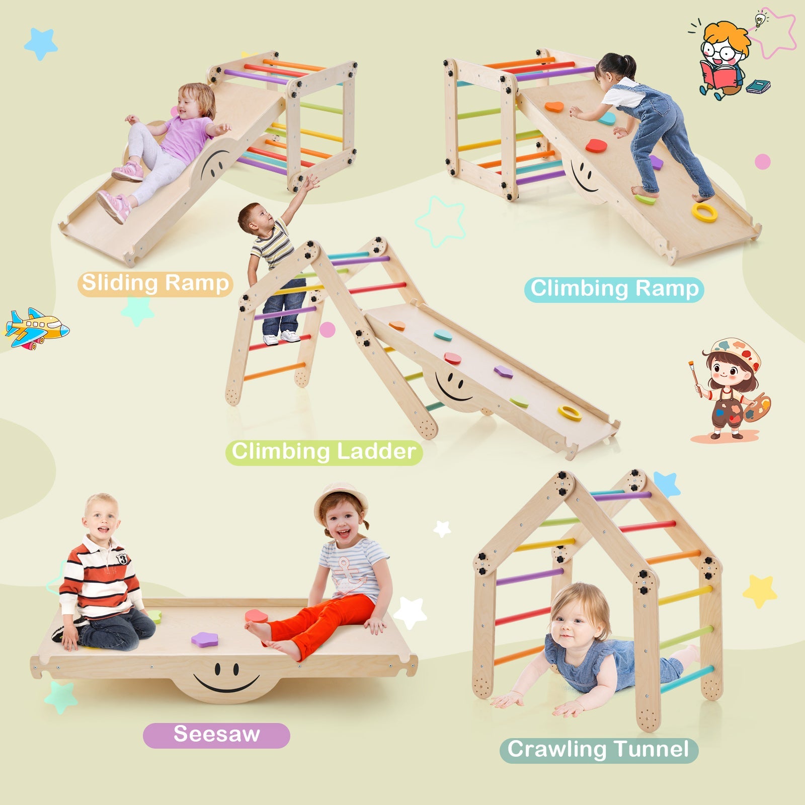 GBruno Climbing Triangle Ladder Toy Indoor Jungle Gym with Reversible Ramp-Multicolor
