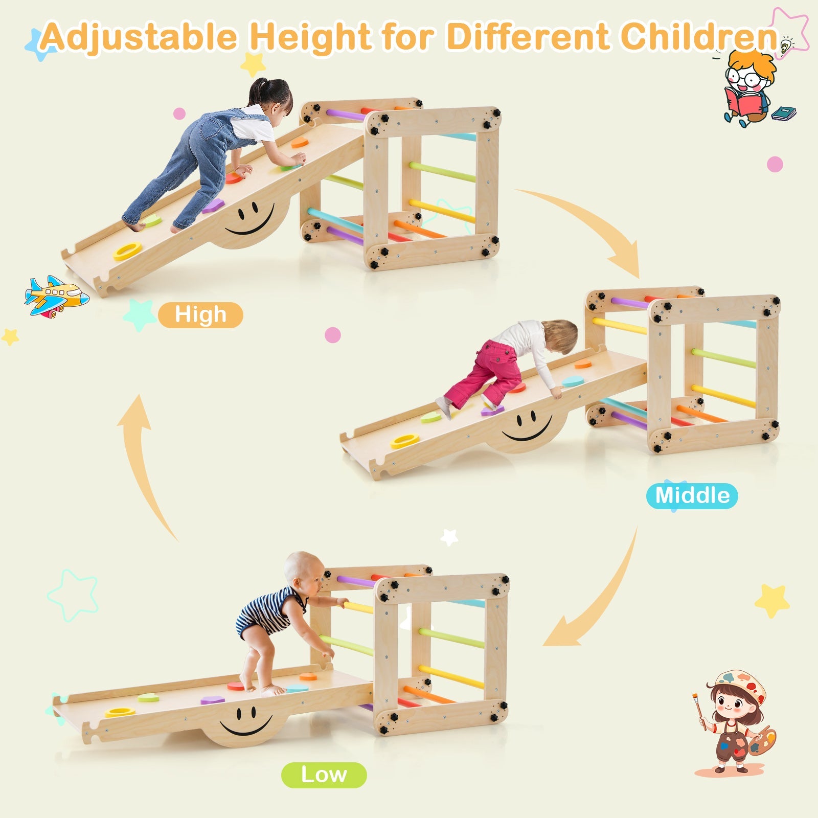 GBruno Climbing Triangle Ladder Toy Indoor Jungle Gym with Reversible Ramp-Multicolor