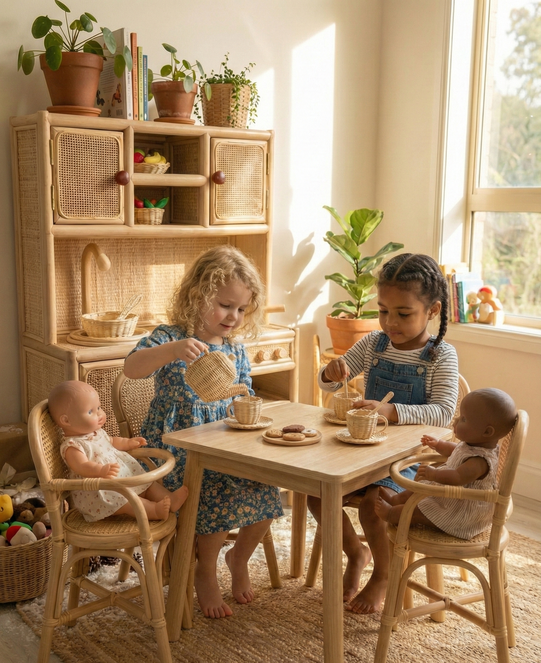 Lullaby Rattan Montessori-Style Rattan Play Kitchen | Natural Pretend Play Station with Storage