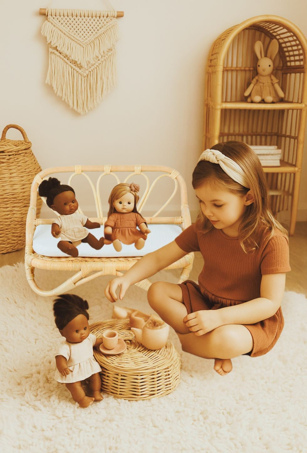 Lullaby Rattan Handmade Rattan Doll Sofa | Boho Montessori Doll Furniture | Eco-Friendly Pretend Play Couch for Girls Dolls