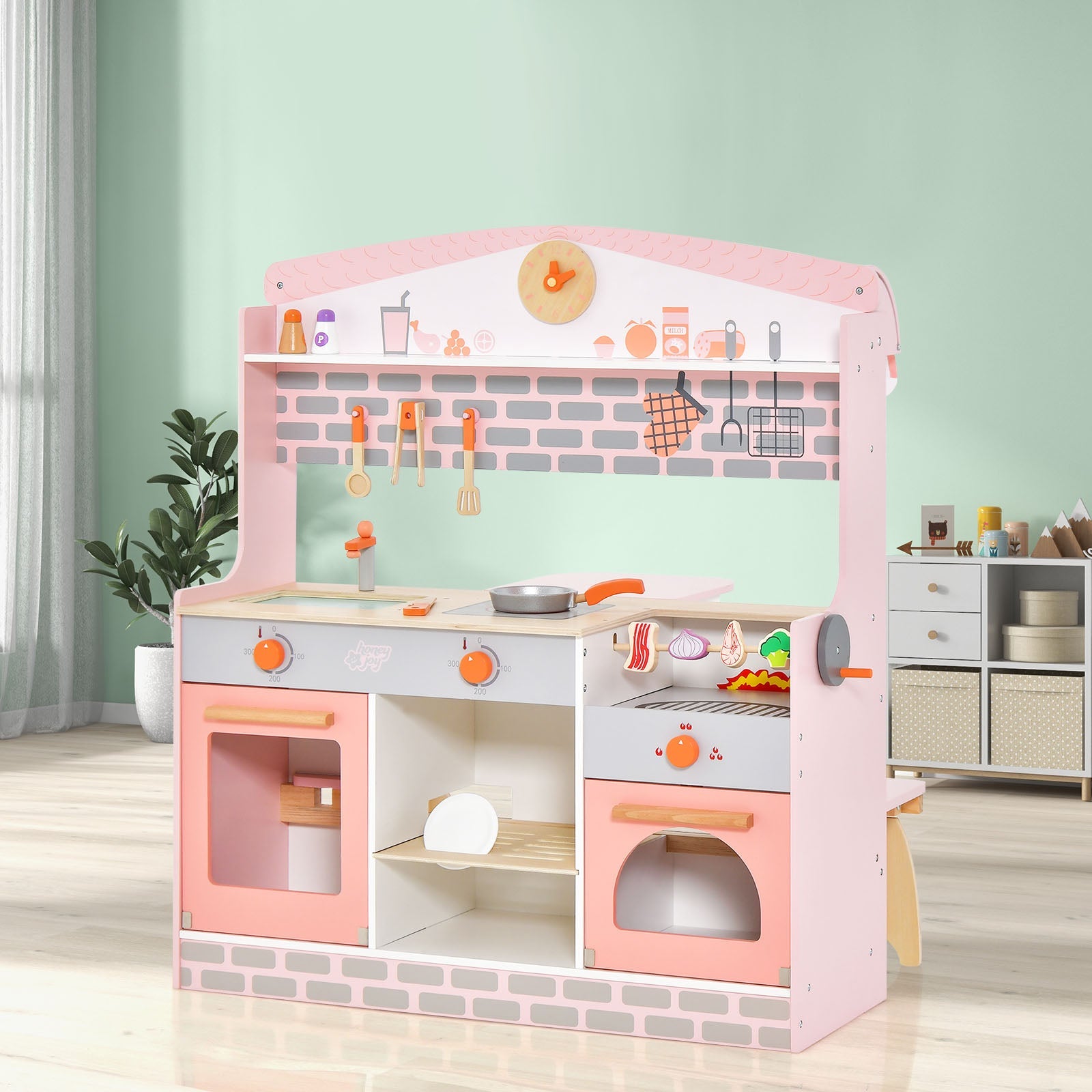 GBruno Double-Sided Kids Play Kitchen Set with Canopy and 2 Seats