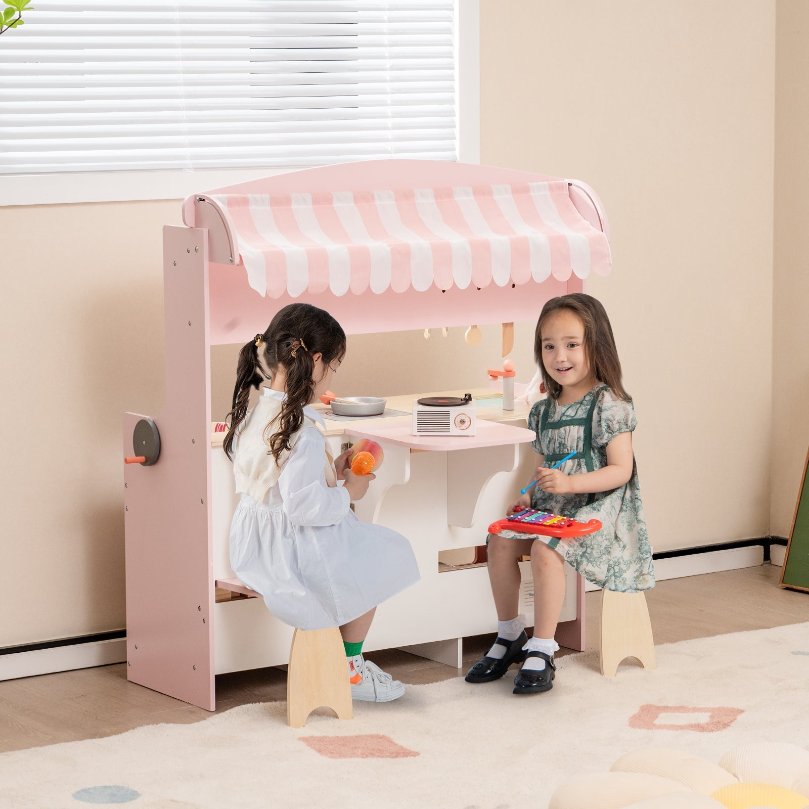 GBruno Double-Sided Kids Play Kitchen Set with Canopy and 2 Seats
