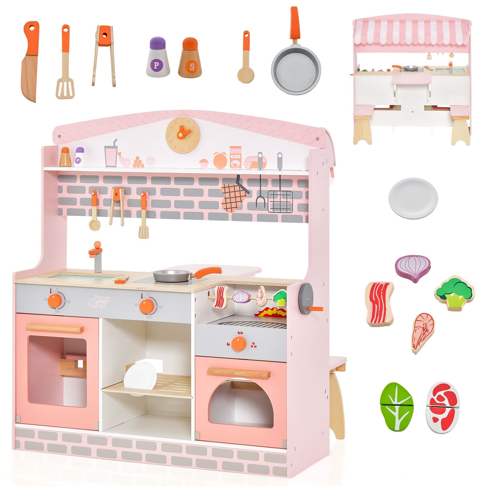 GBruno Double-Sided Kids Play Kitchen Set with Canopy and 2 Seats
