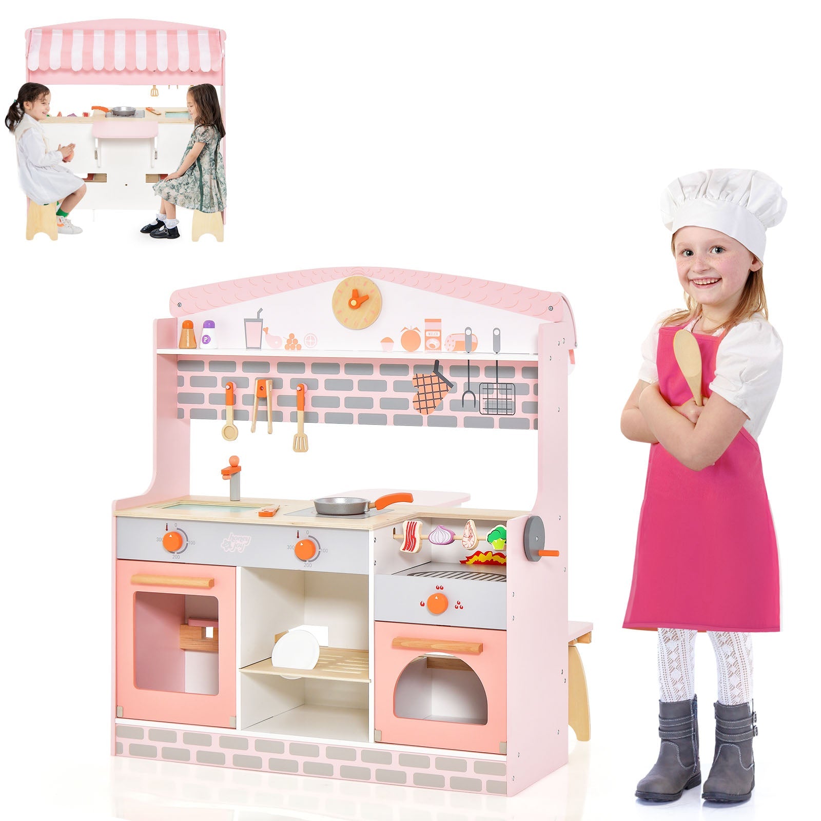 GBruno Double-Sided Kids Play Kitchen Set with Canopy and 2 Seats