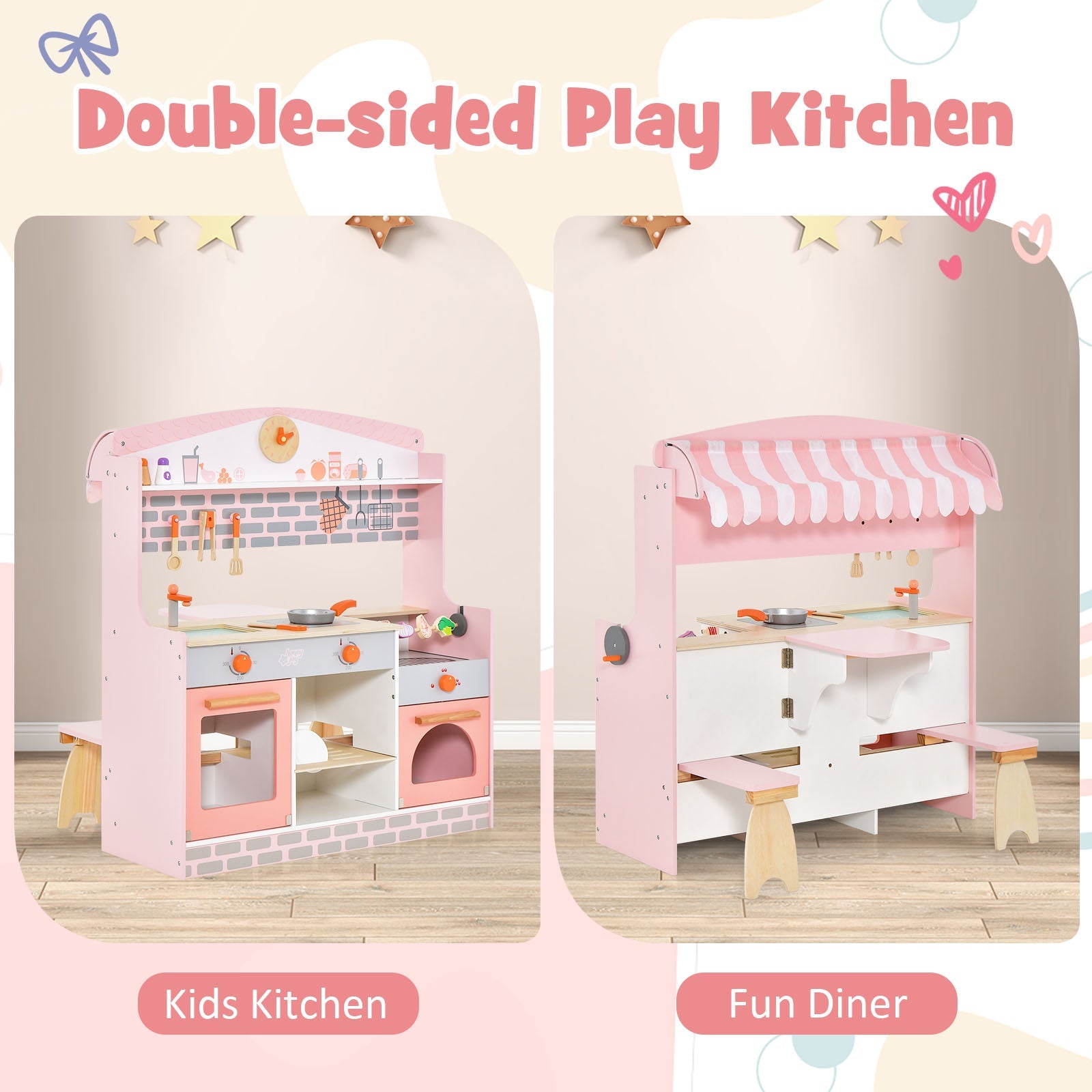 GBruno Double-Sided Kids Play Kitchen Set with Canopy and 2 Seats