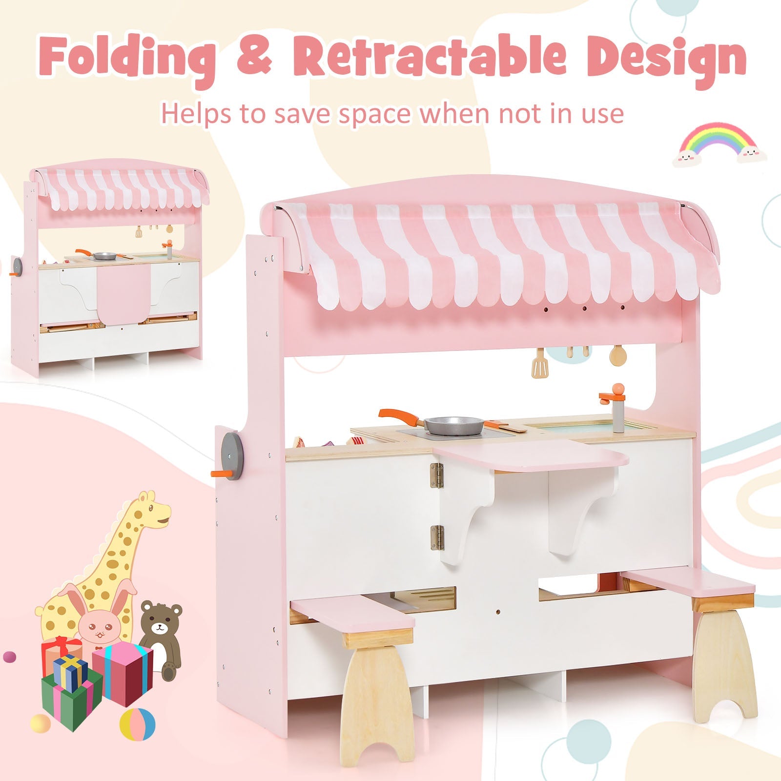 GBruno Double-Sided Kids Play Kitchen Set with Canopy and 2 Seats