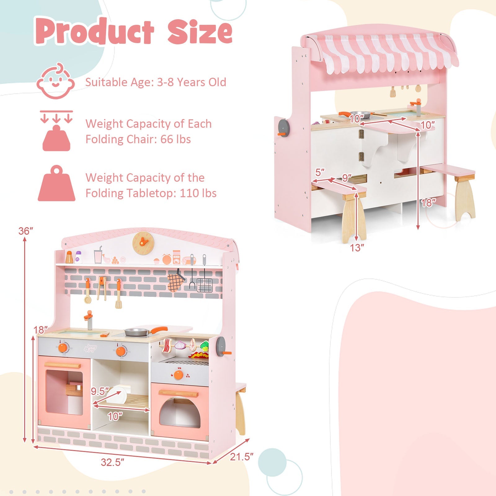 GBruno Double-Sided Kids Play Kitchen Set with Canopy and 2 Seats