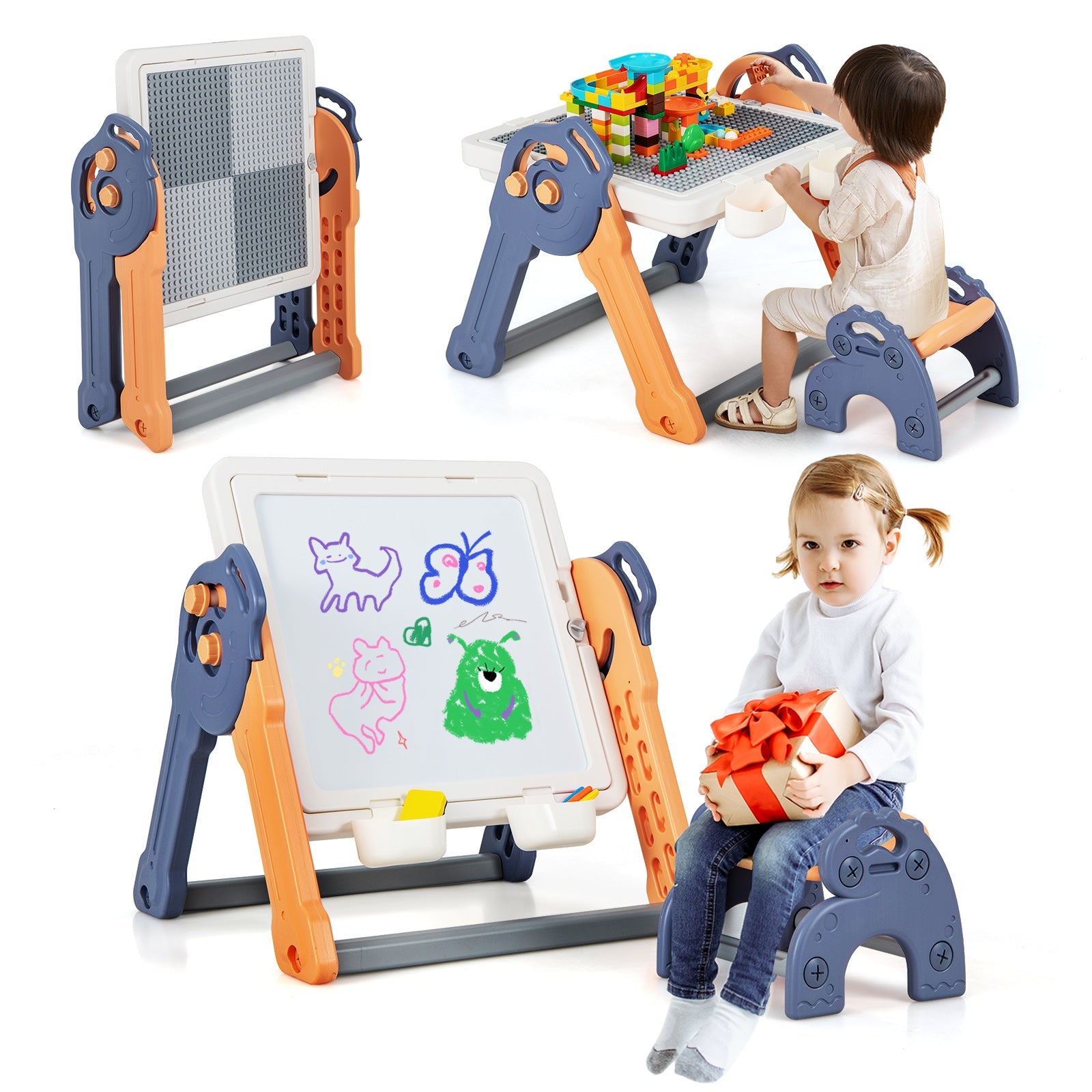 GBruno 6-In-1 Folding Kids Art Easel with Reversible Building Block Tabletop