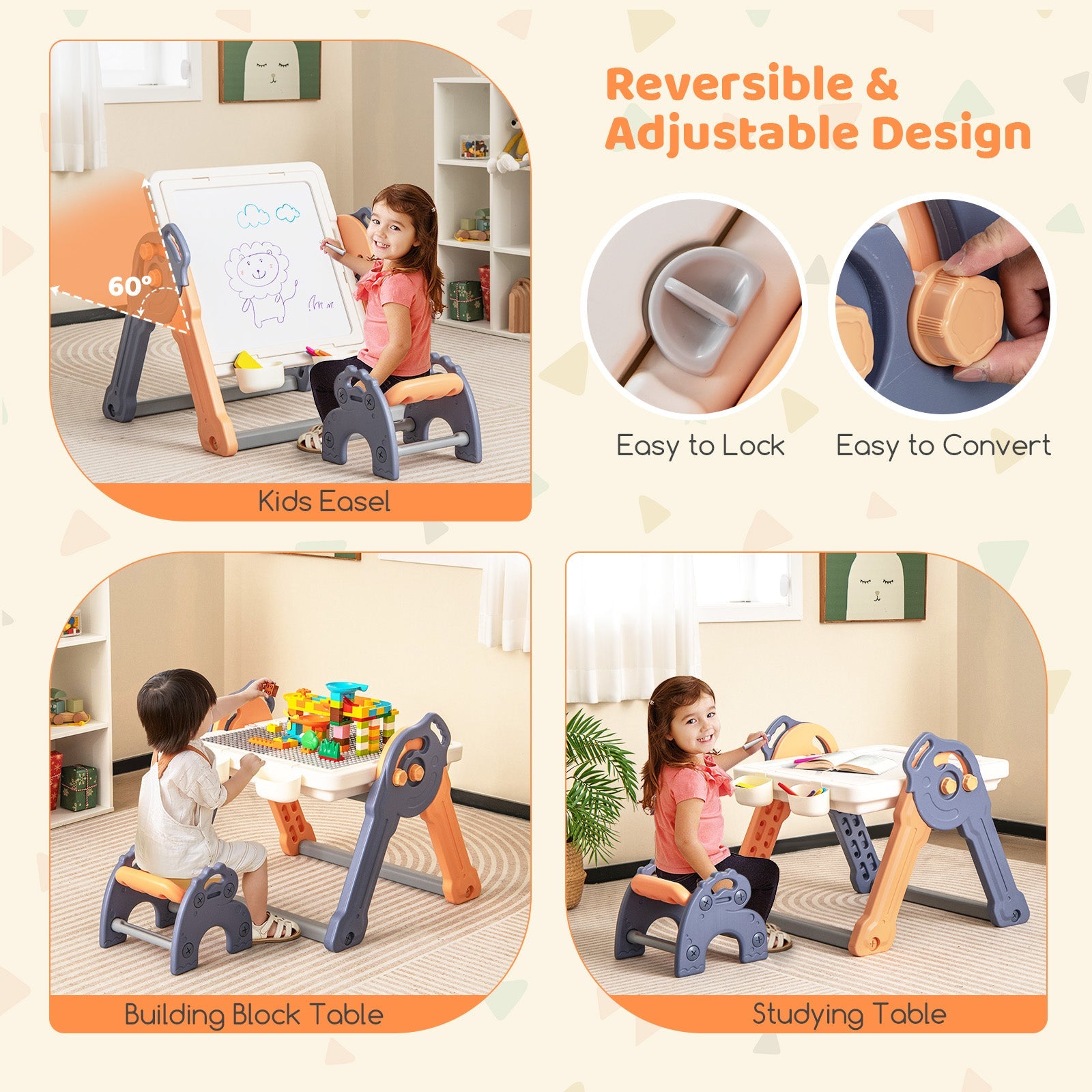 GBruno 6-In-1 Folding Kids Art Easel with Reversible Building Block Tabletop