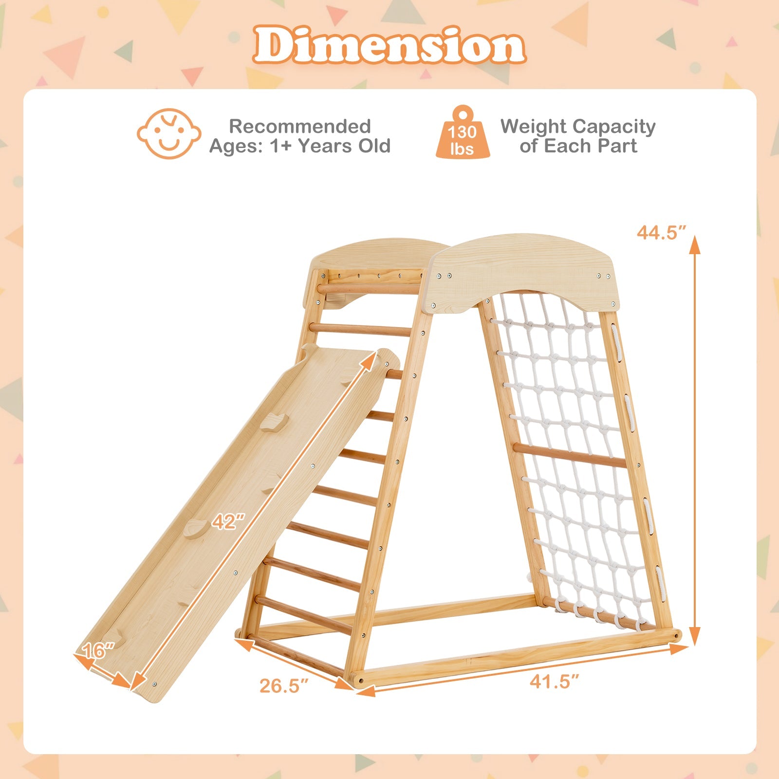 6-in-1 Jungle Gym Wooden Indoor Playground with Double-Sided Ramp and Monkey Bars-Natural