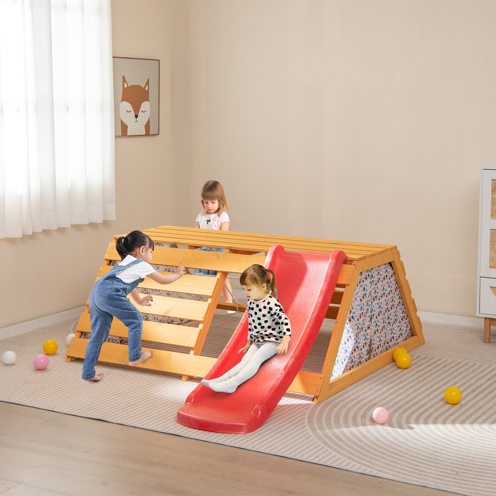 GBruno 5-in-1 Jungle Gym Wooden Indoor Playground with Slide Rock Climbing Wall Rope Wall Climber