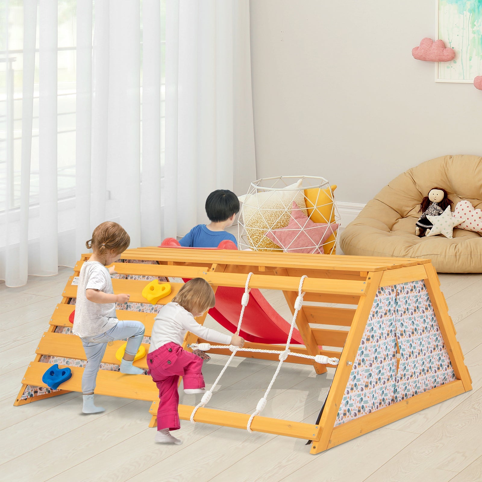 GBruno 5-in-1 Jungle Gym Wooden Indoor Playground with Slide Rock Climbing Wall Rope Wall Climber