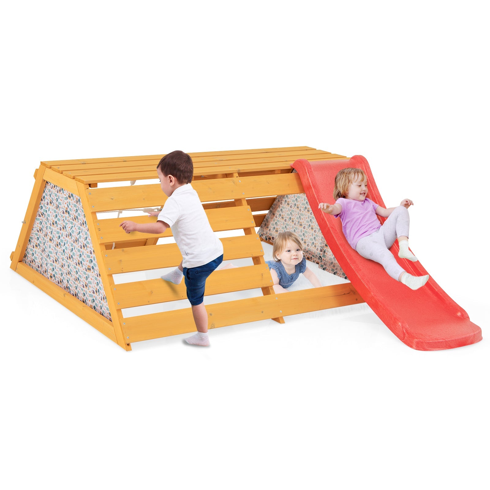 GBruno 5-in-1 Jungle Gym Wooden Indoor Playground with Slide Rock Climbing Wall Rope Wall Climber