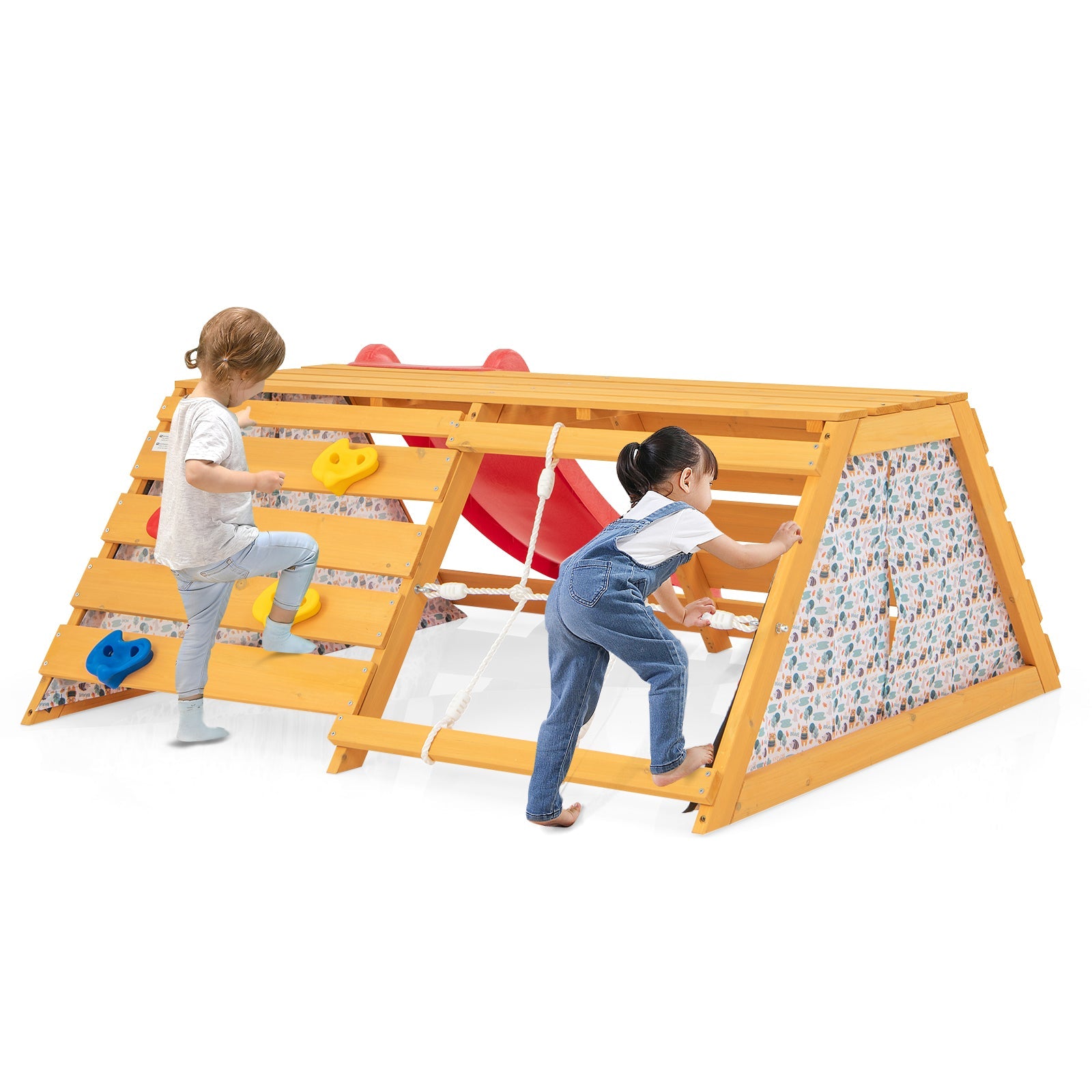 GBruno 5-in-1 Jungle Gym Wooden Indoor Playground with Slide Rock Climbing Wall Rope Wall Climber