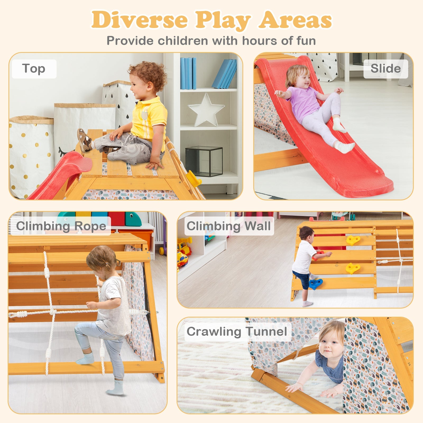 GBruno 5-in-1 Jungle Gym Wooden Indoor Playground with Slide Rock Climbing Wall Rope Wall Climber