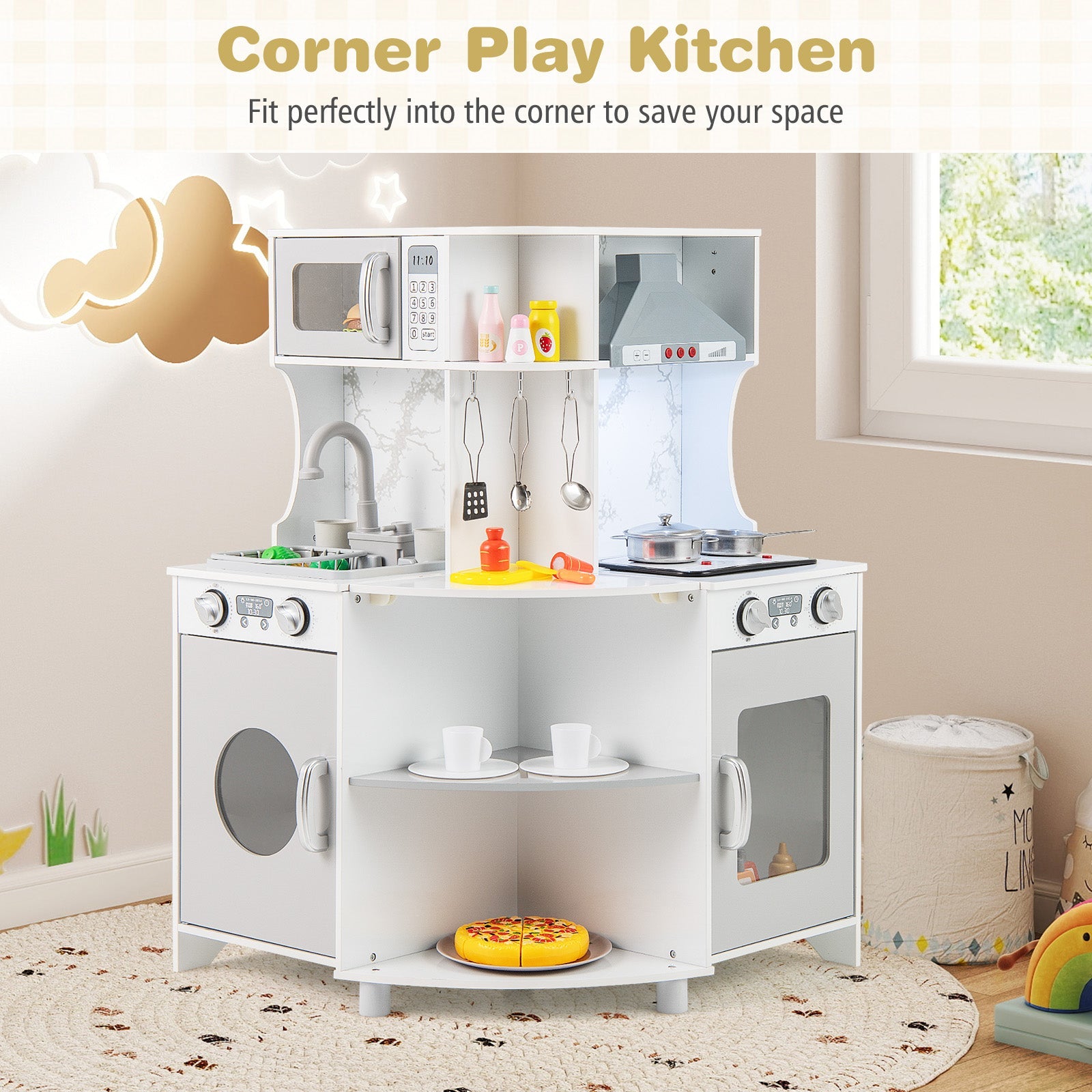 GBruno Kids Corner Wooden Play Kitchen with Range Hood and Stoves-Gray