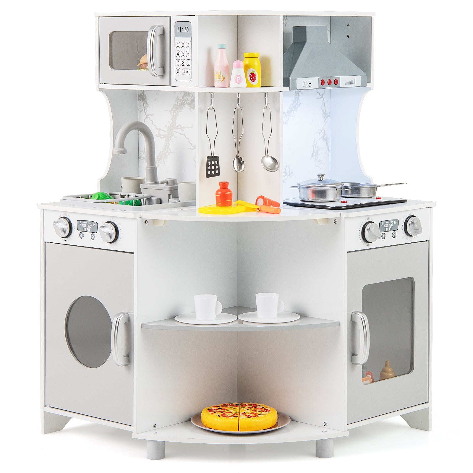 GBruno Kids Corner Wooden Play Kitchen with Range Hood and Stoves-Gray