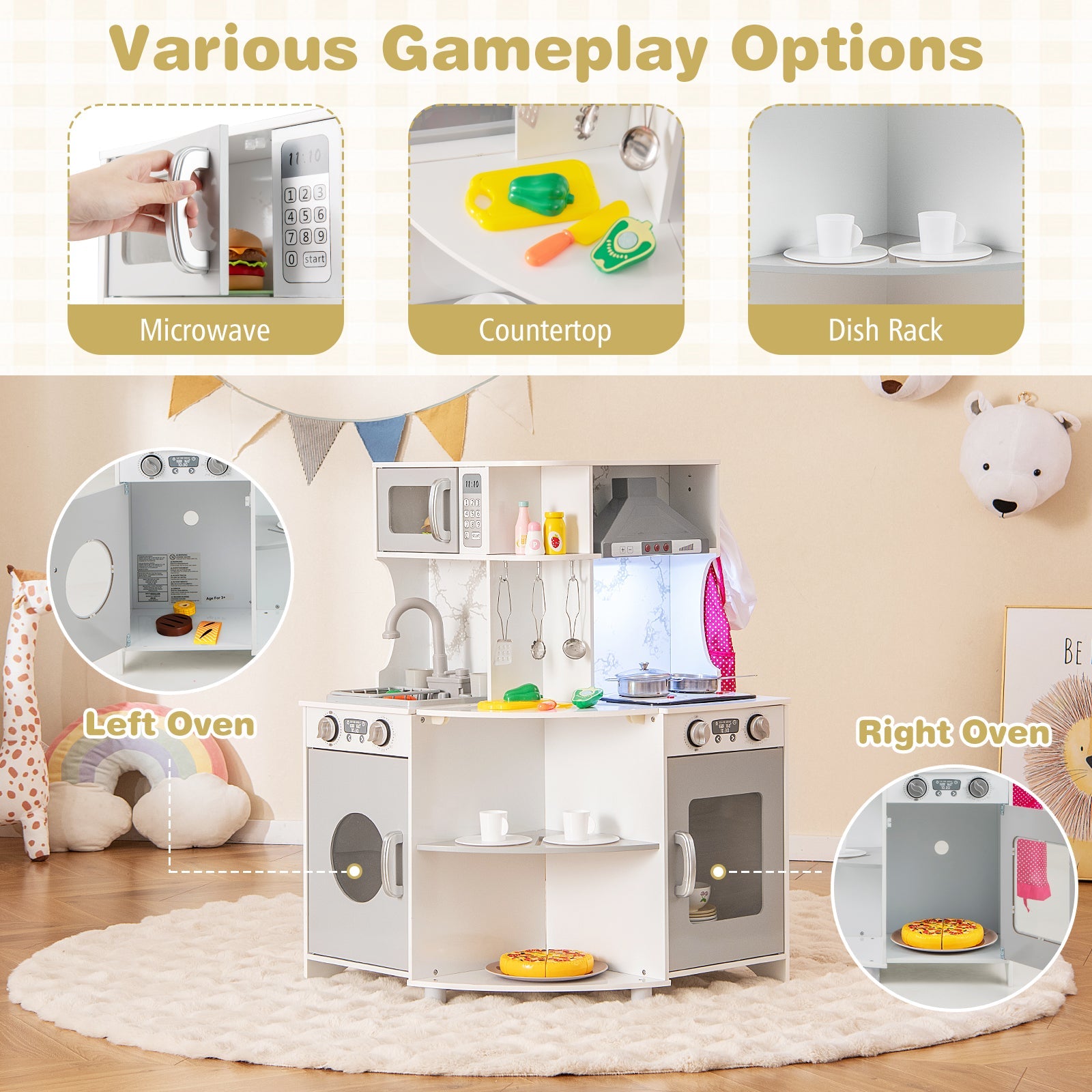 GBruno Kids Corner Wooden Play Kitchen with Range Hood and Stoves-Gray