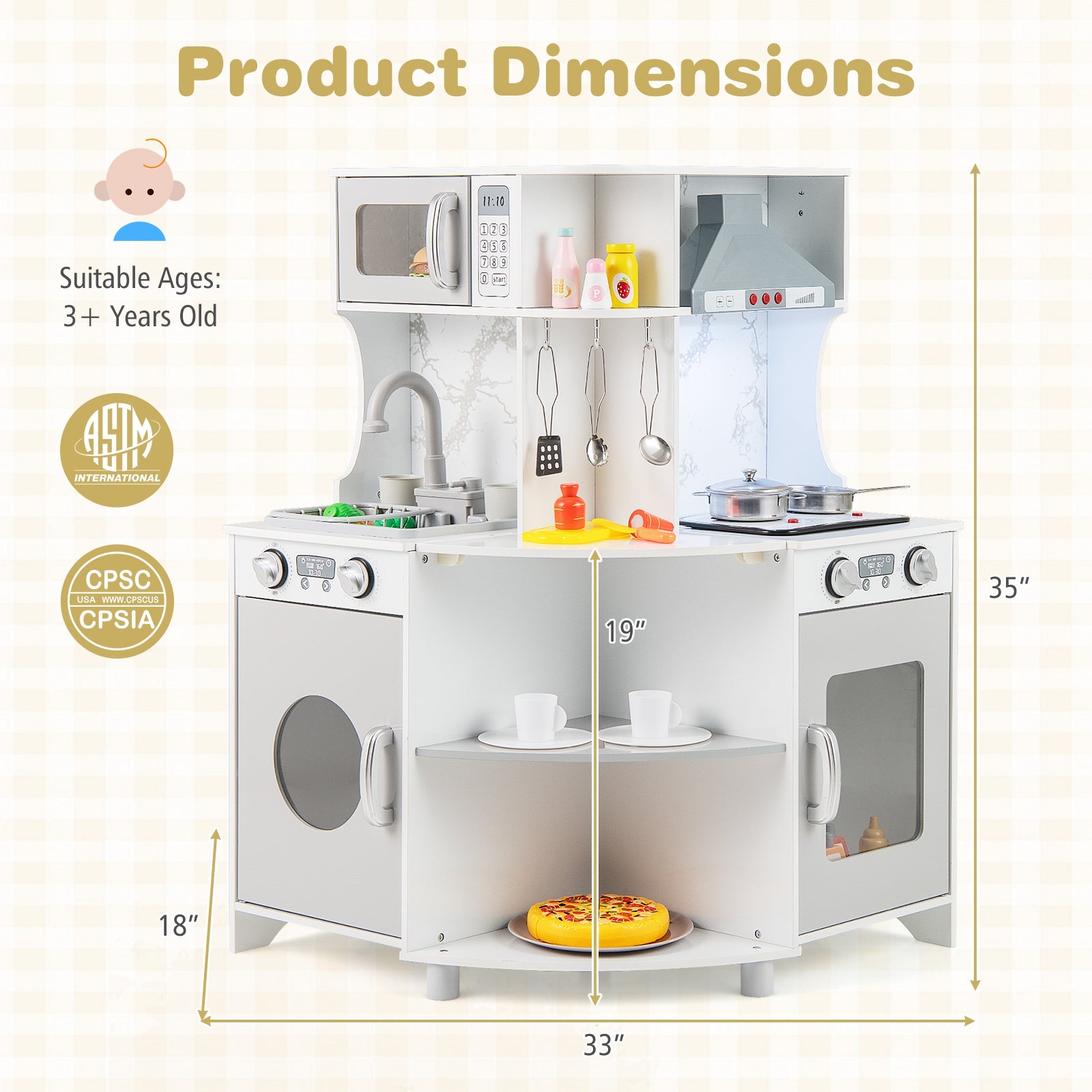 GBruno Kids Corner Wooden Play Kitchen with Range Hood and Stoves-Gray