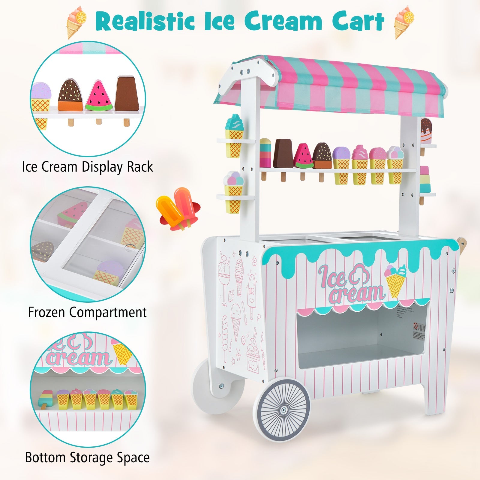GBruno Kids Ice Cream Cart Playset with Display Rack and Accessories