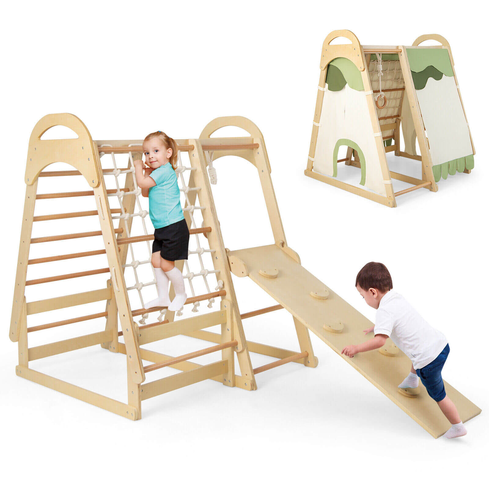 GBruno 6-in-1 Wooden Kids Jungle Gym Playset with Slide Climbing Net-Natural