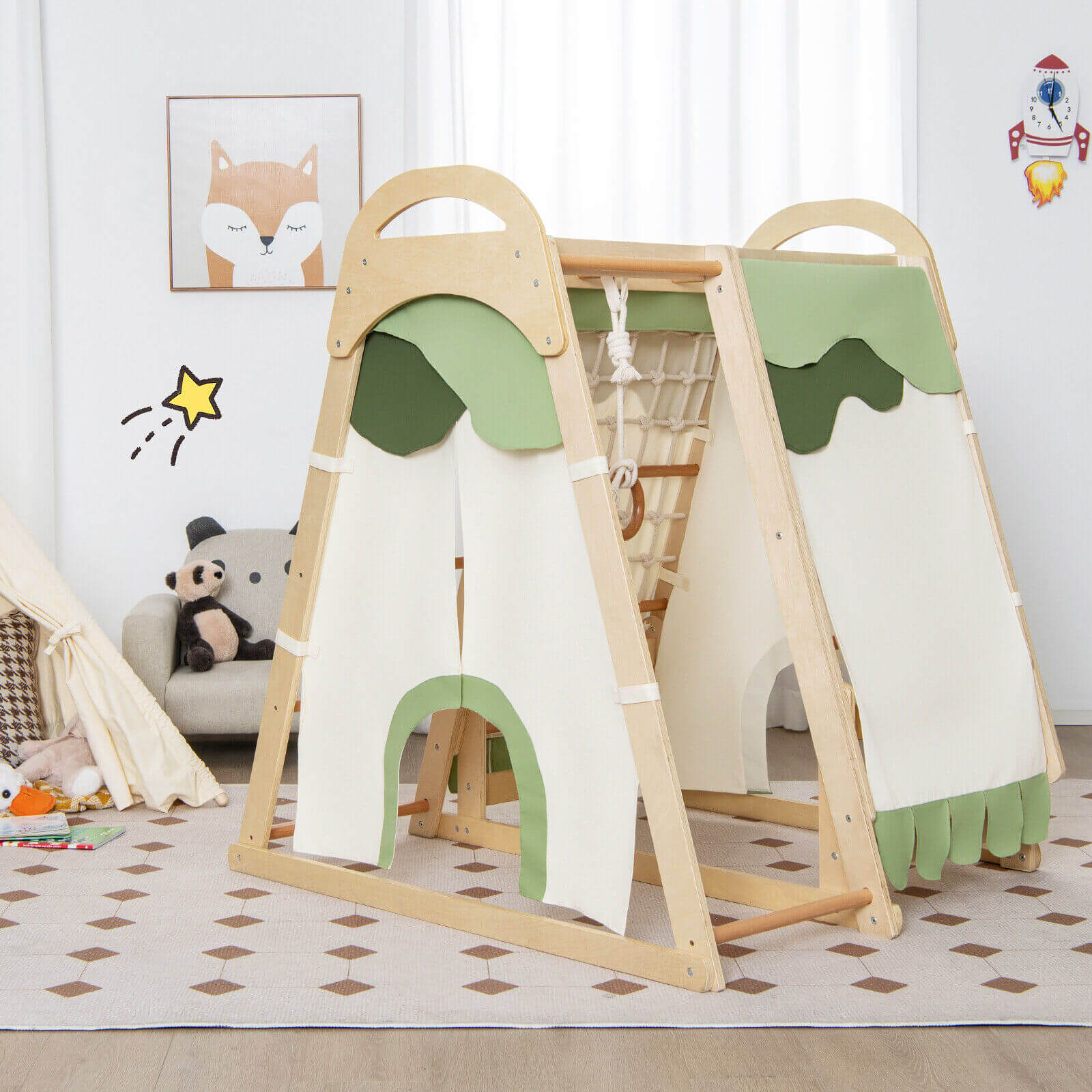 GBruno 6-in-1 Wooden Kids Jungle Gym Playset with Slide Climbing Net-Natural