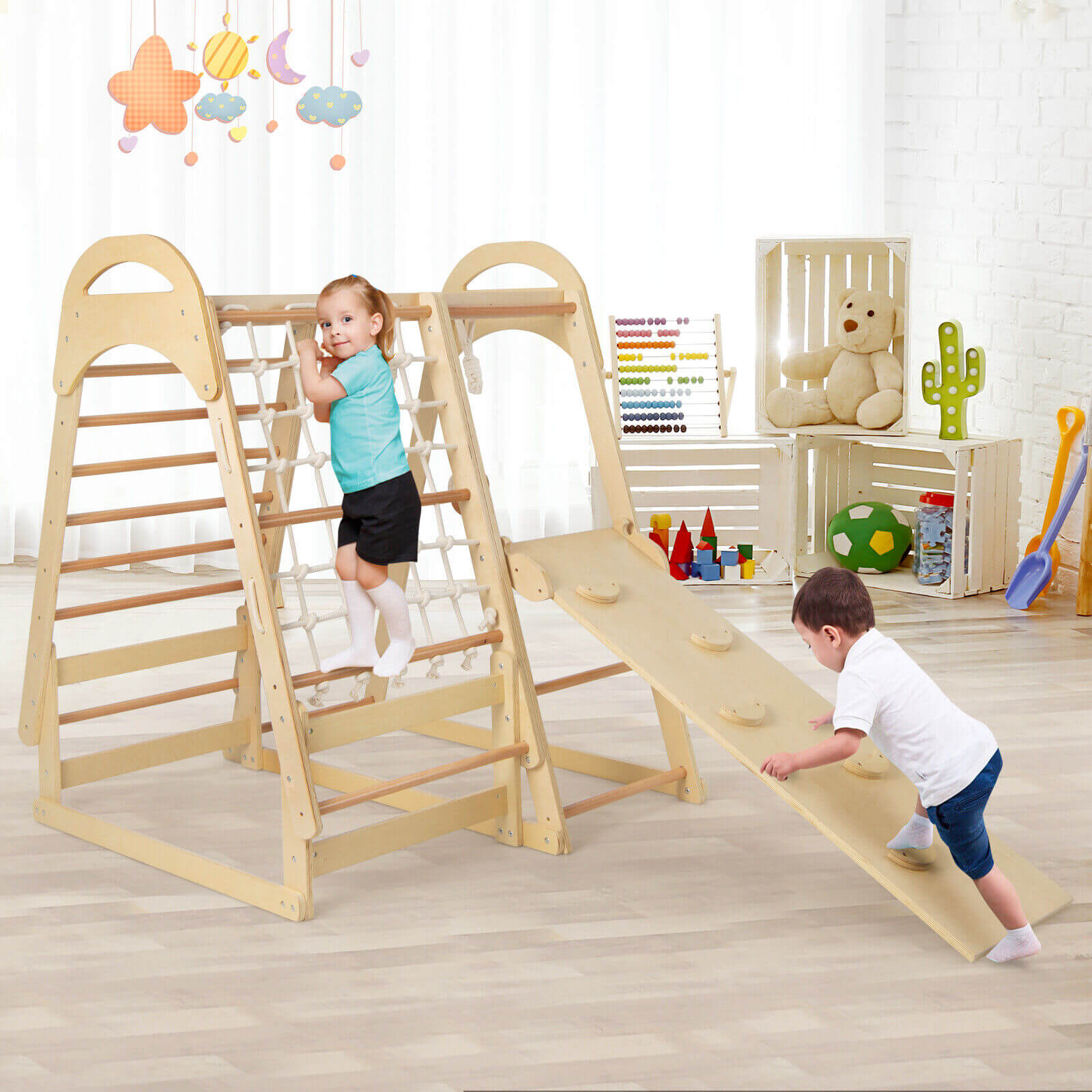 GBruno 6-in-1 Wooden Kids Jungle Gym Playset with Slide Climbing Net-Natural