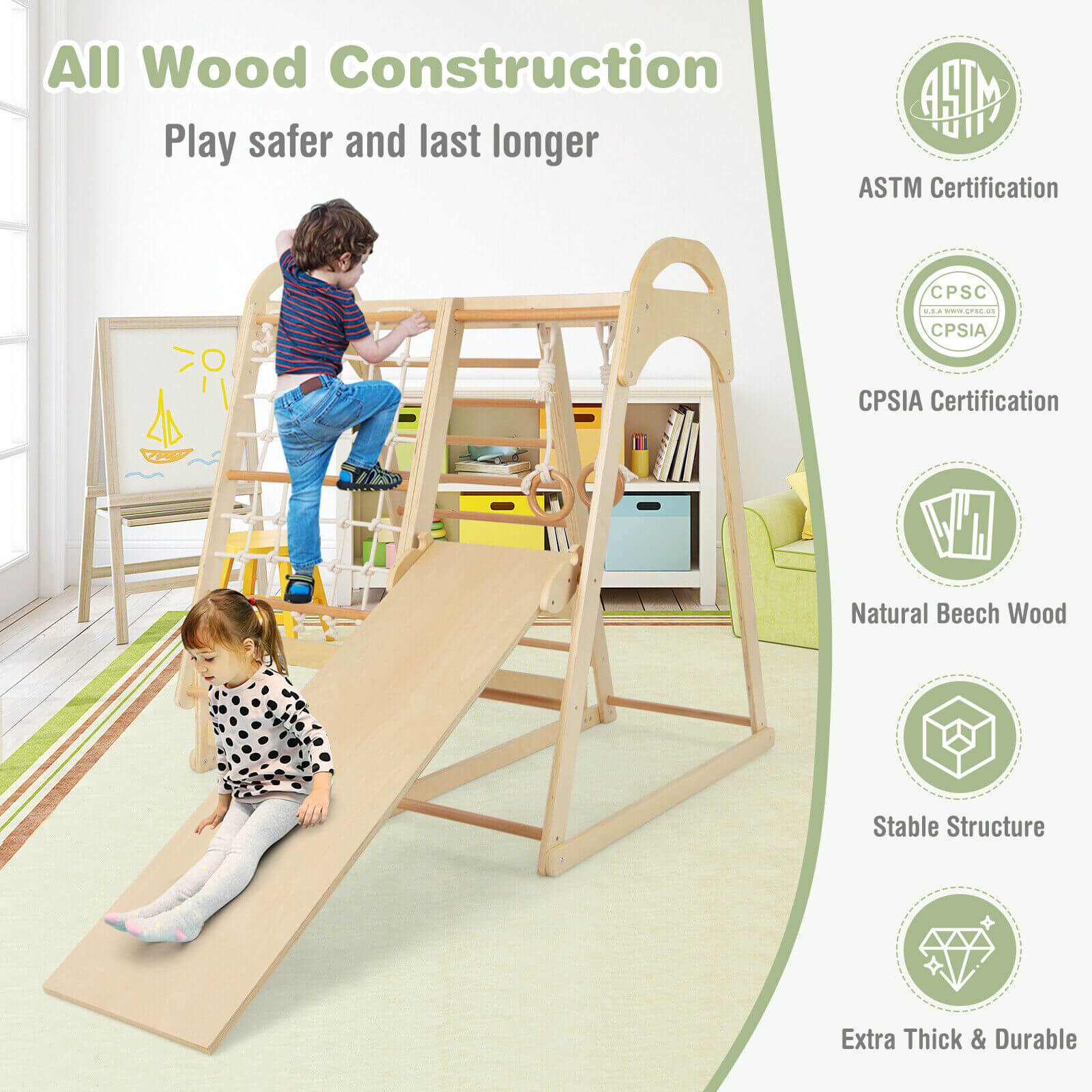 GBruno 6-in-1 Wooden Kids Jungle Gym Playset with Slide Climbing Net-Natural