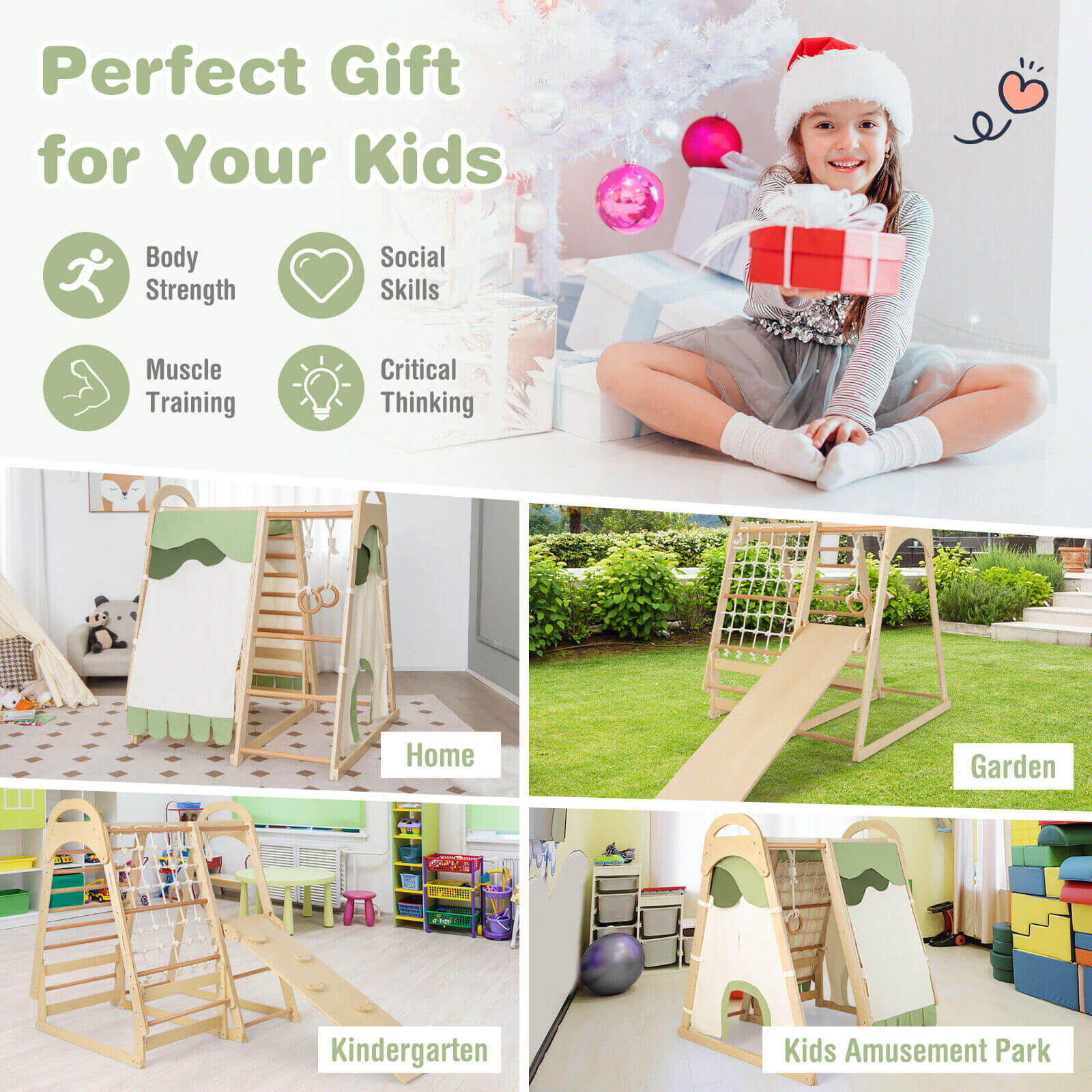 GBruno 6-in-1 Wooden Kids Jungle Gym Playset with Slide Climbing Net-Natural