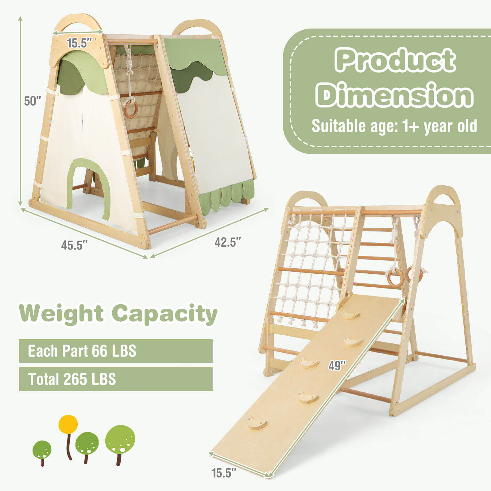 GBruno 6-in-1 Wooden Kids Jungle Gym Playset with Slide Climbing Net-Natural