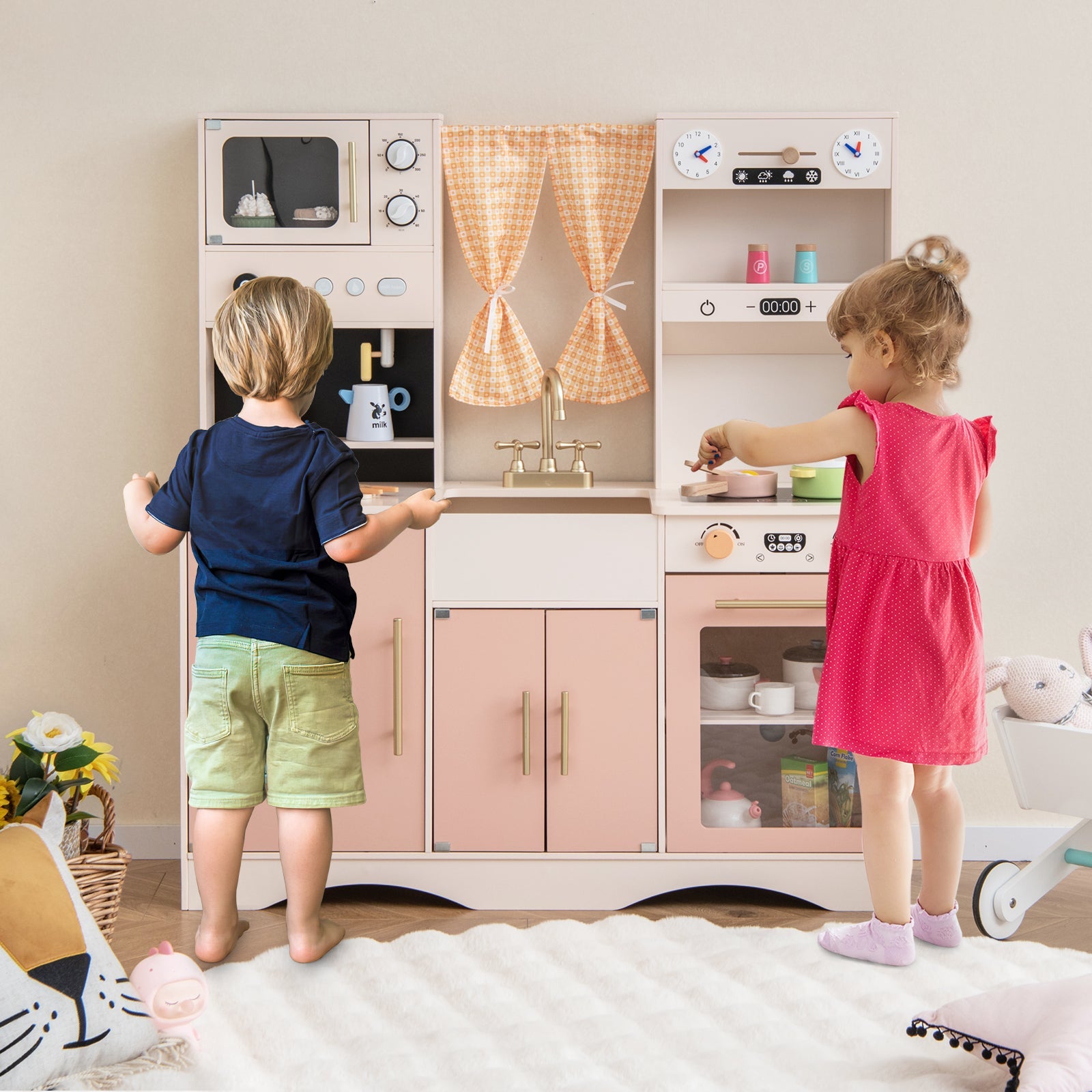 GBruno Kids Kitchen Playset with Microwave and Coffee Maker for Ages 3+-Pink
