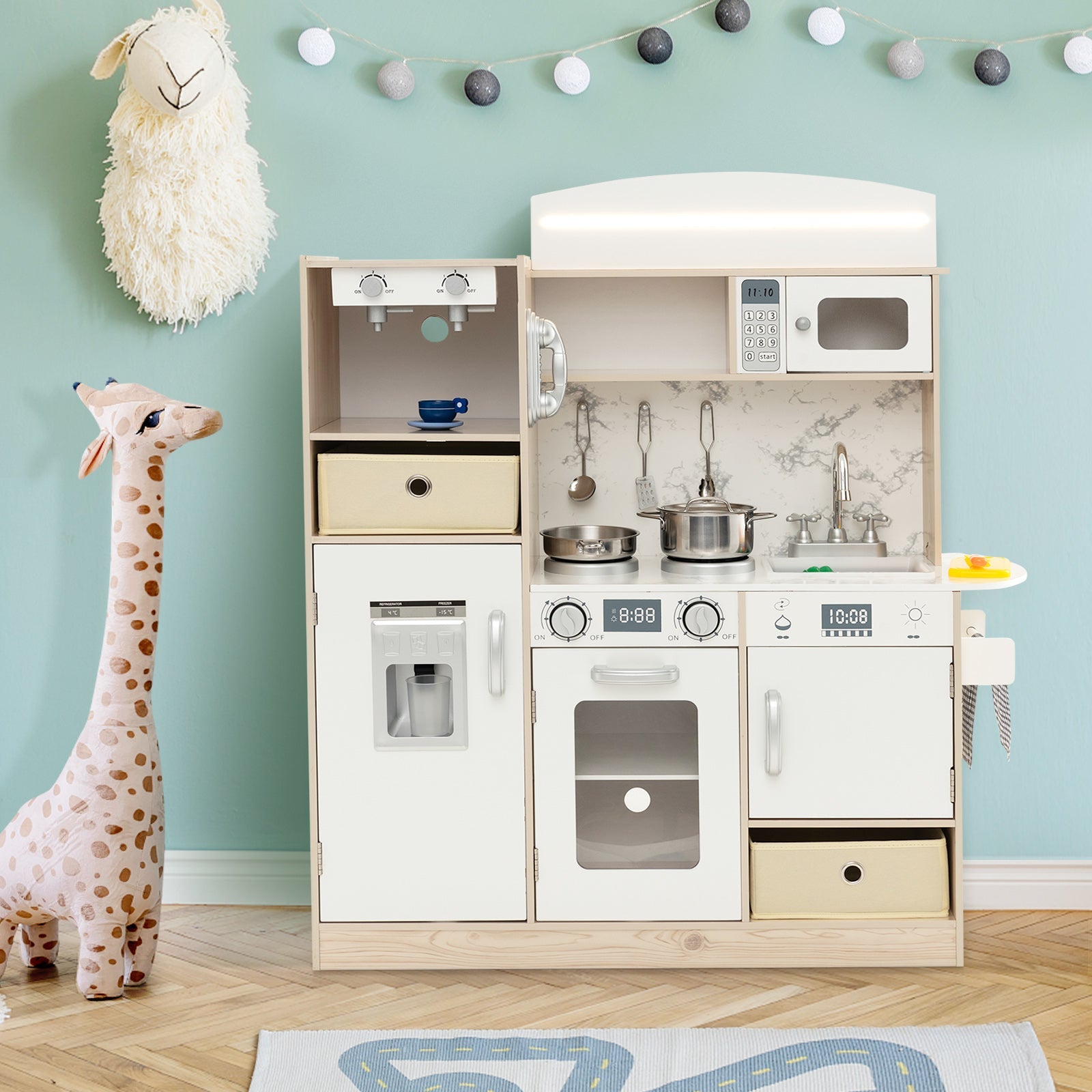 GBruno Kids Kitchen Playset with Adjustable LED Lights Removable Fabric Bins-White