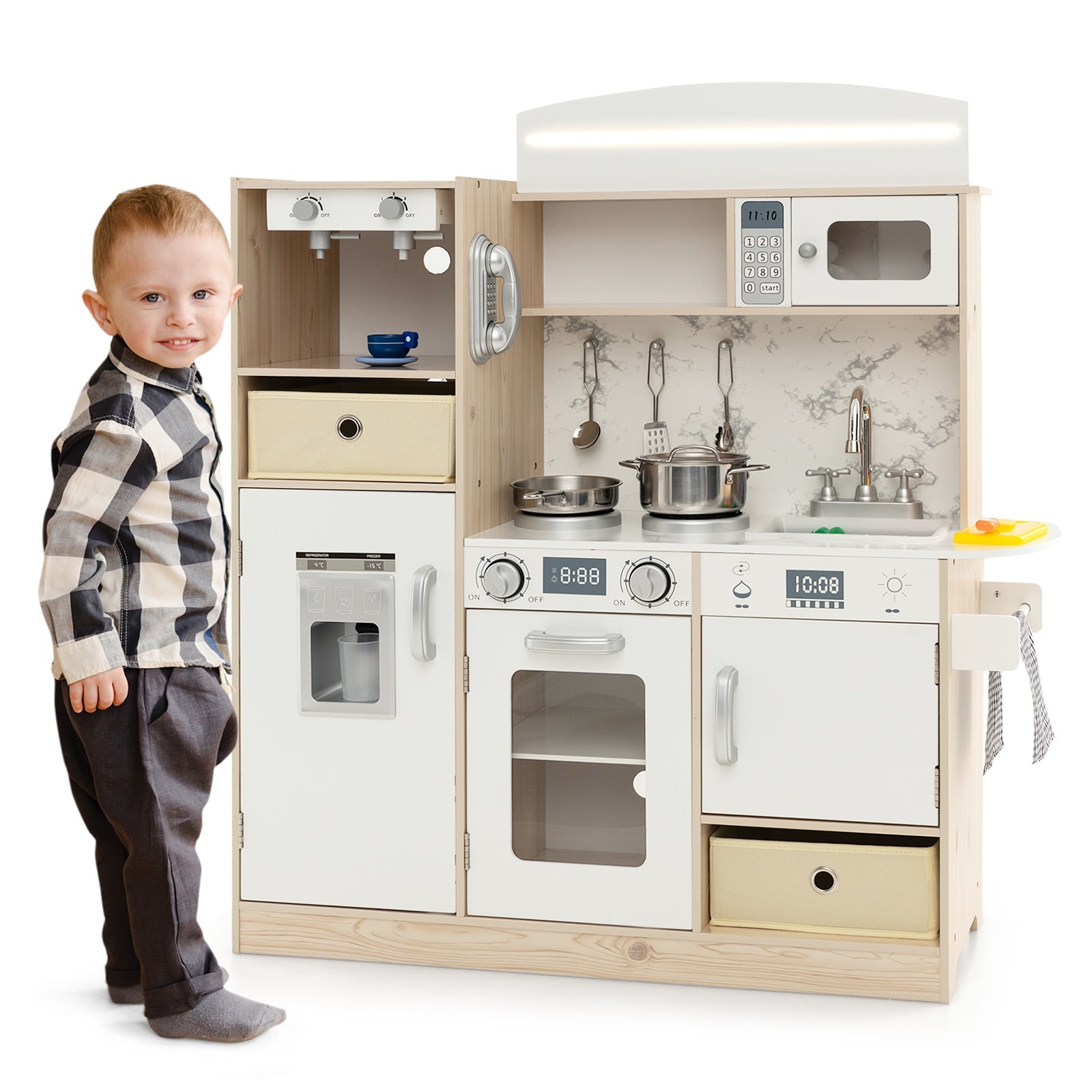 GBruno Kids Kitchen Playset with Adjustable LED Lights Removable Fabric Bins-White