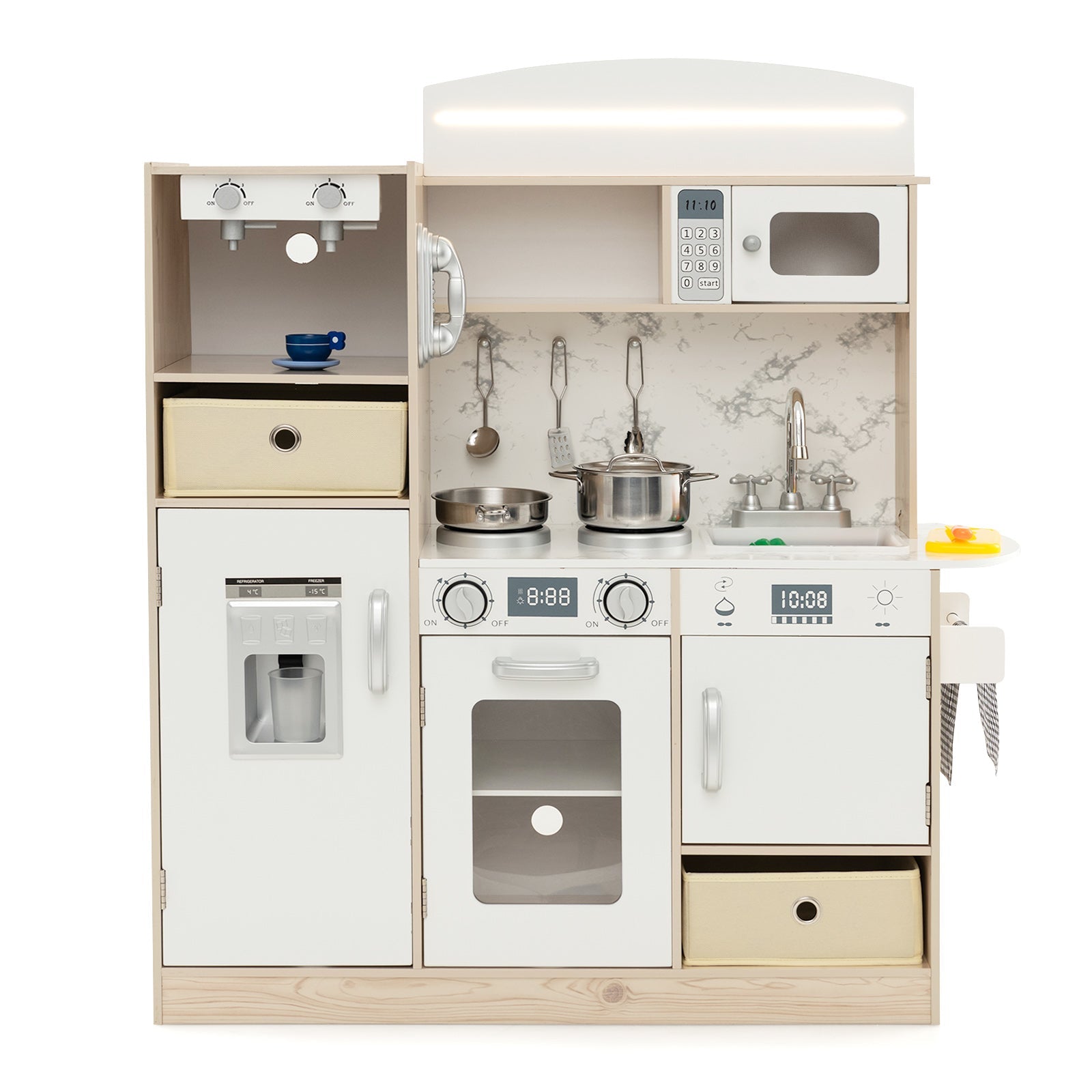 GBruno Kids Kitchen Playset with Adjustable LED Lights Removable Fabric Bins-White