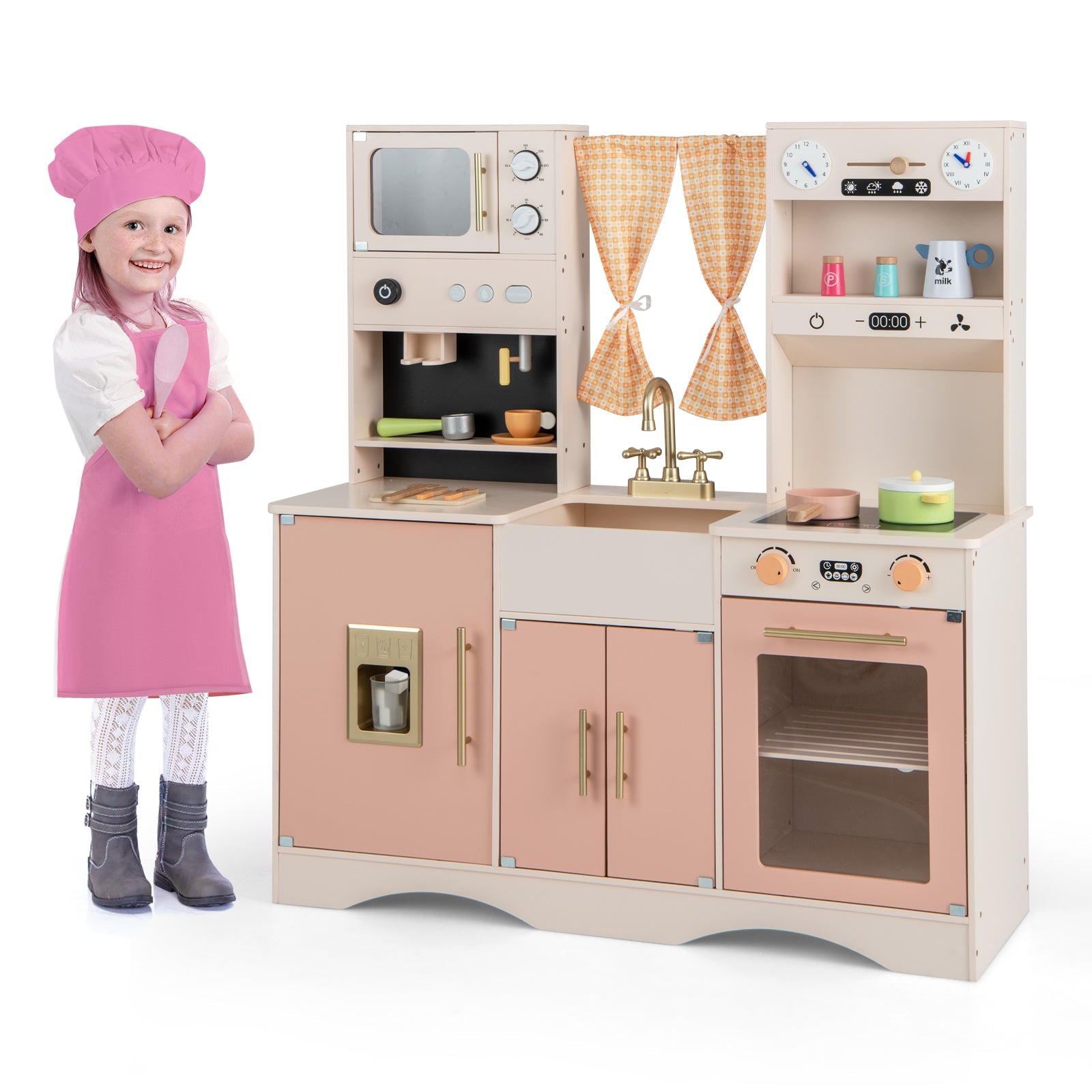 GBruno Kids Kitchen Playset with Microwave and Coffee Maker for Ages 3+-Pink
