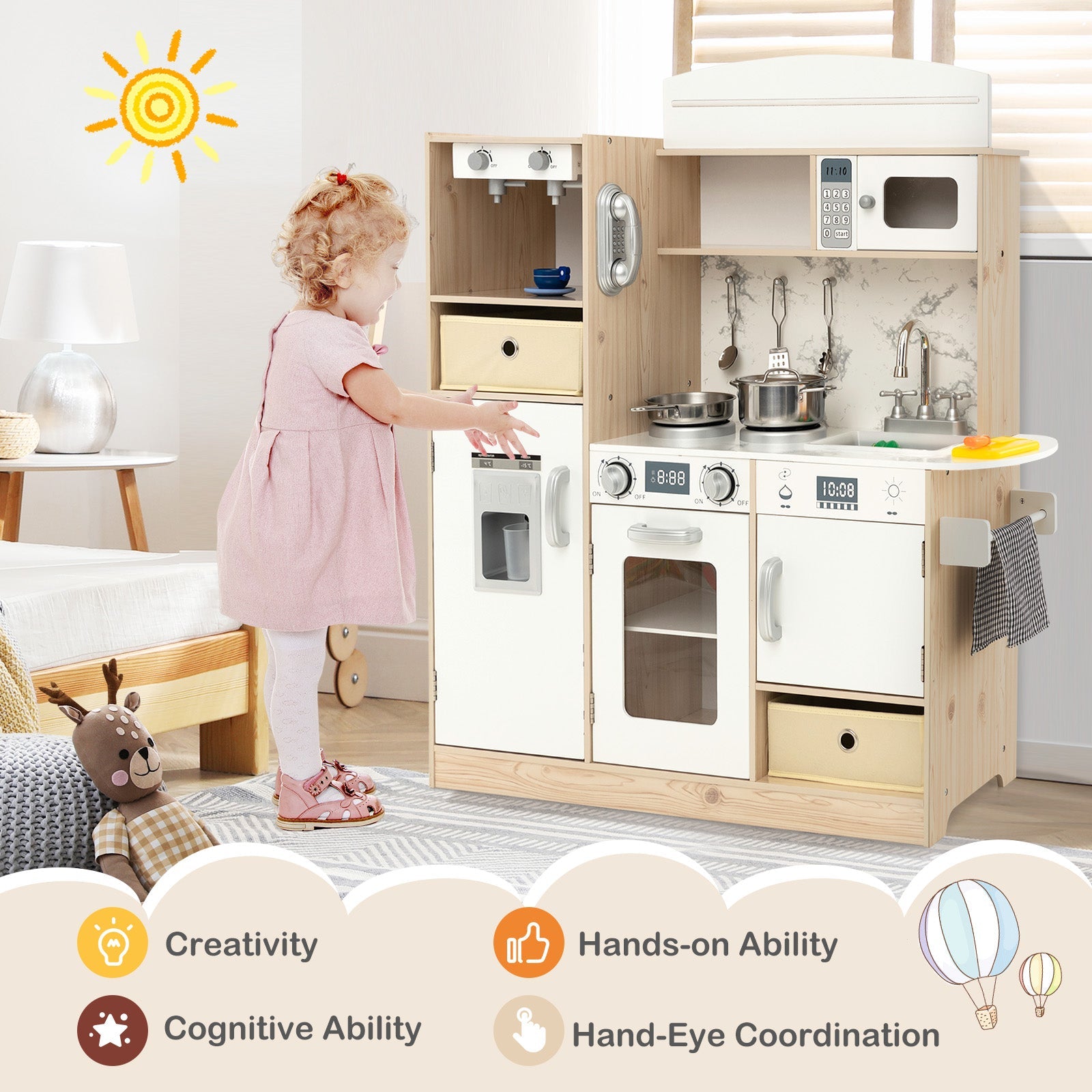 GBruno Kids Kitchen Playset with Adjustable LED Lights Removable Fabric Bins-White