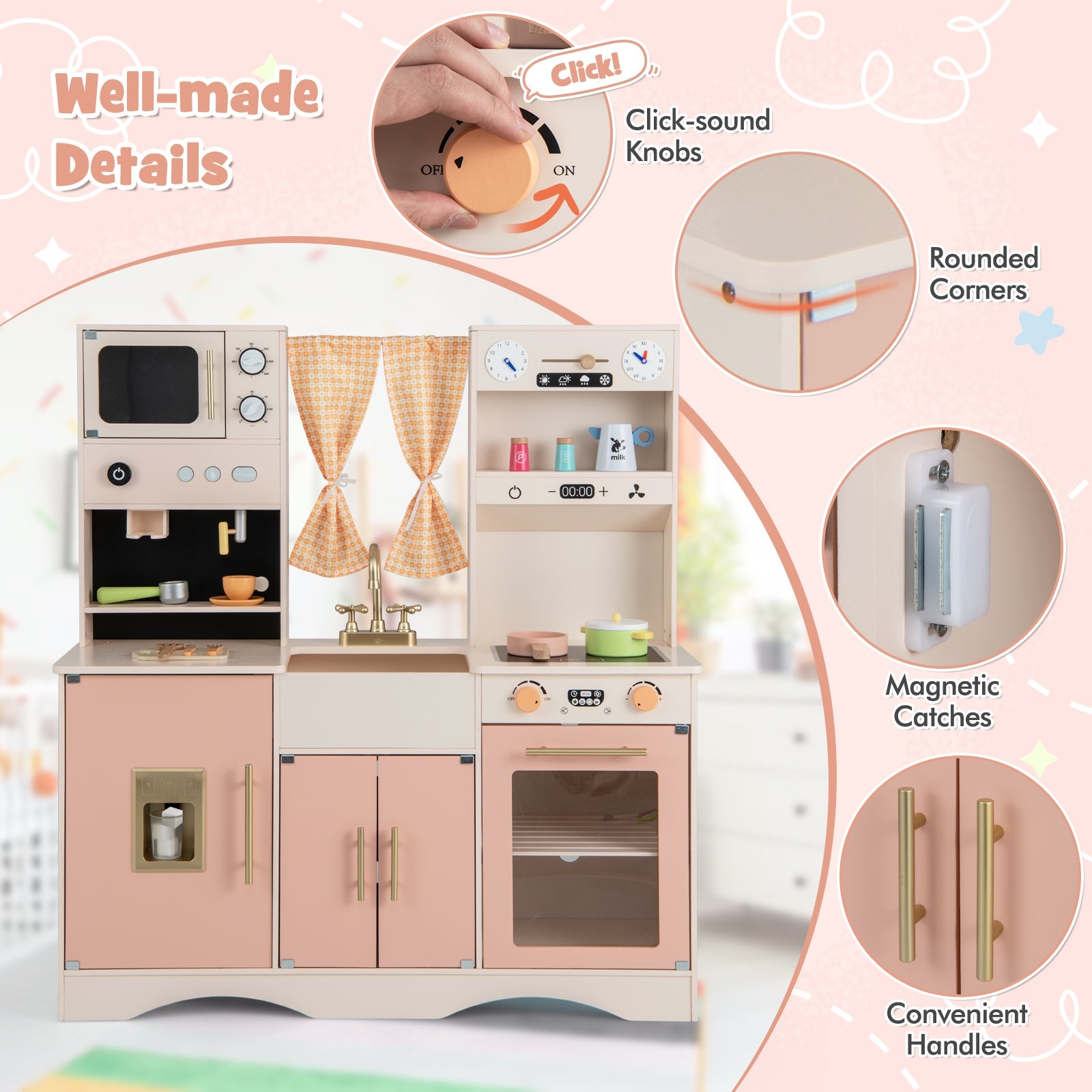 GBruno Kids Kitchen Playset with Microwave and Coffee Maker for Ages 3+-Pink